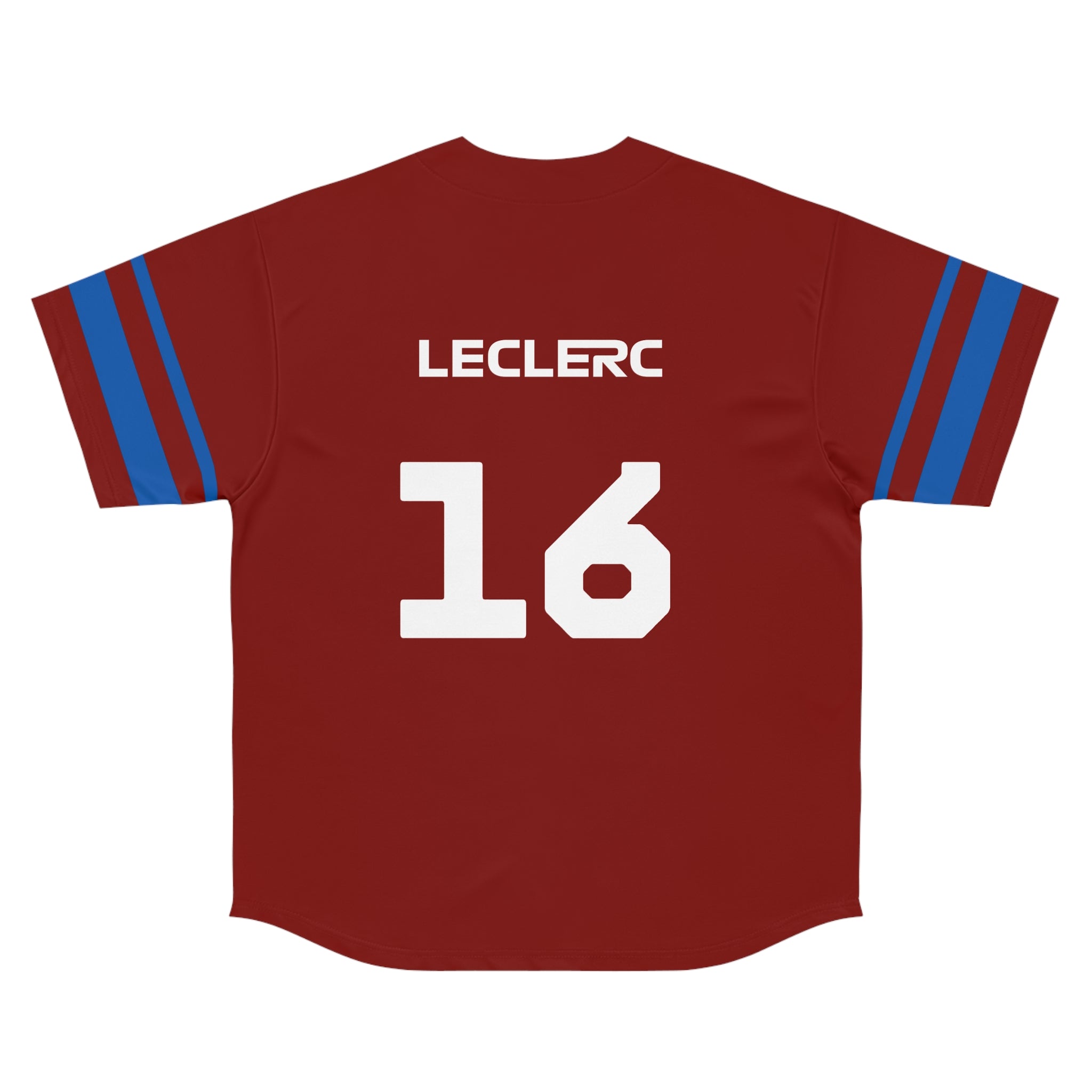 Red and white racing-inspired baseball jersey with button-up front. Designed for fans of legendary Grand Prix drivers.