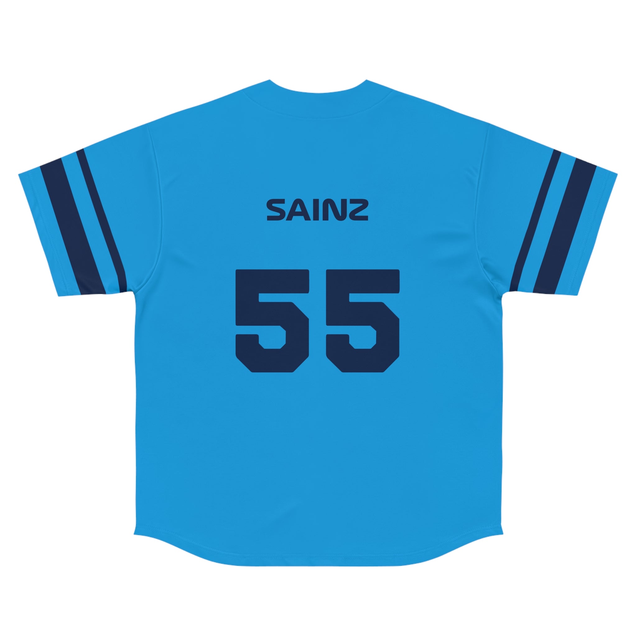 Blue and white racing-inspired baseball jersey with button-up front, designed for fans of smooth, strategic racecraft.