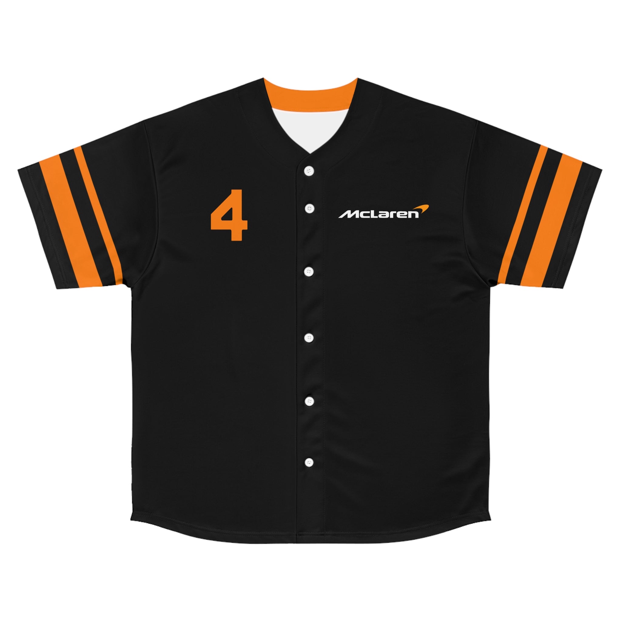 Papaya and black racing-inspired baseball jersey with button-up front and motorsport design elements. Inspired by young British racing talent.
