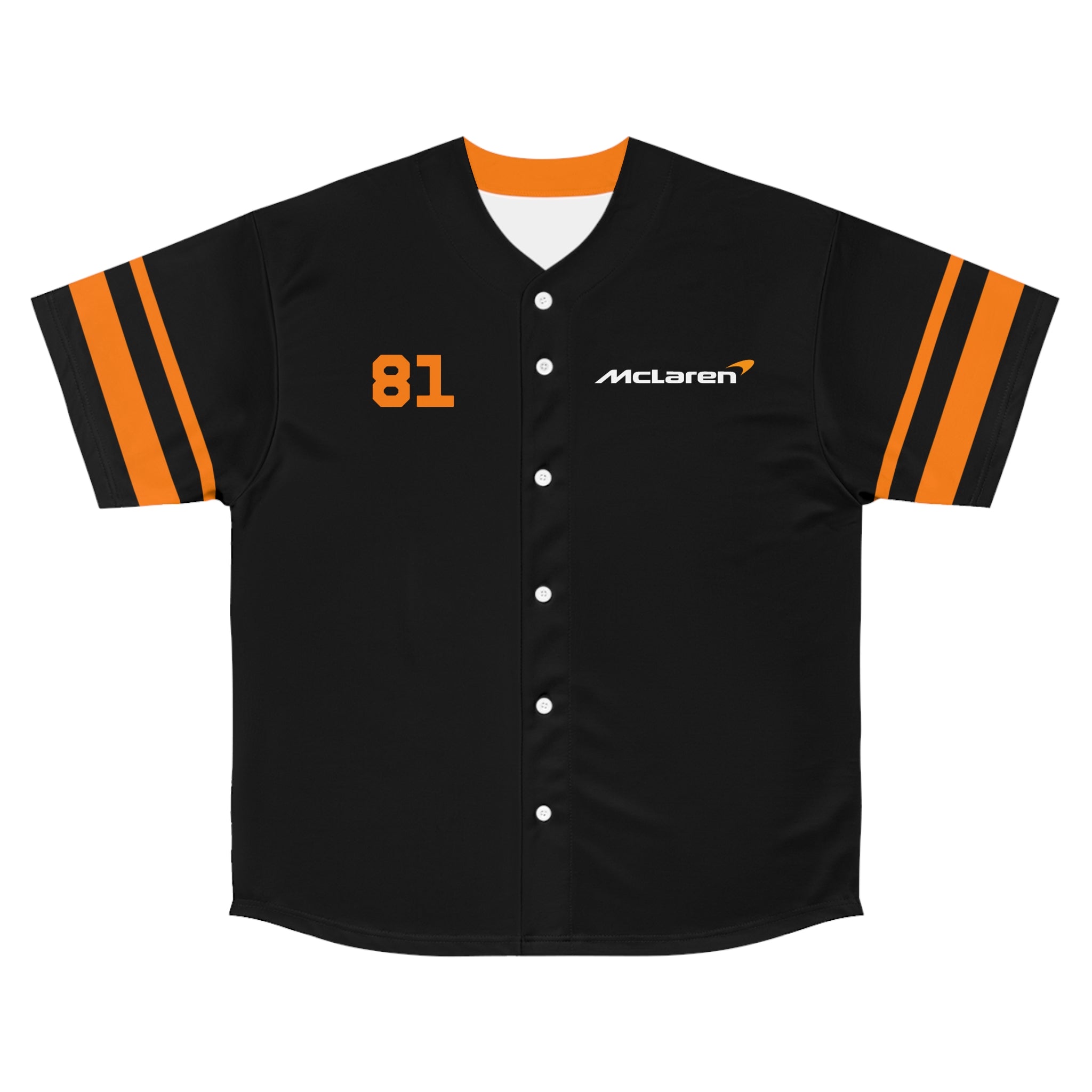 Papaya orange racing-inspired baseball jersey with button-up front and lightweight design. Inspired by rising talent in motorsport.