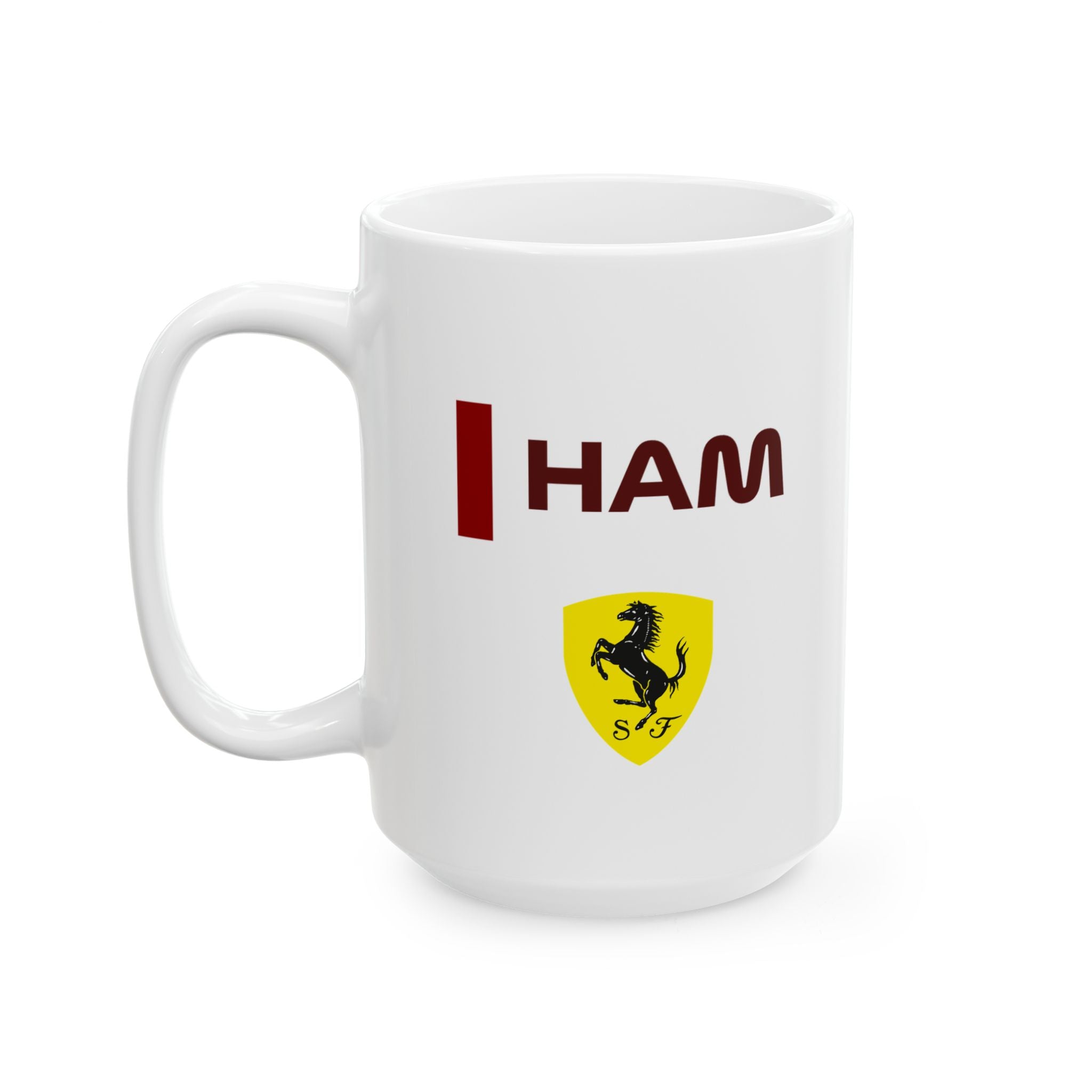 Silver and red racing-inspired ceramic mug with a motorsport aesthetic, available in 11oz and 15oz. Perfect for Grand Prix fans and speed enthusiasts.