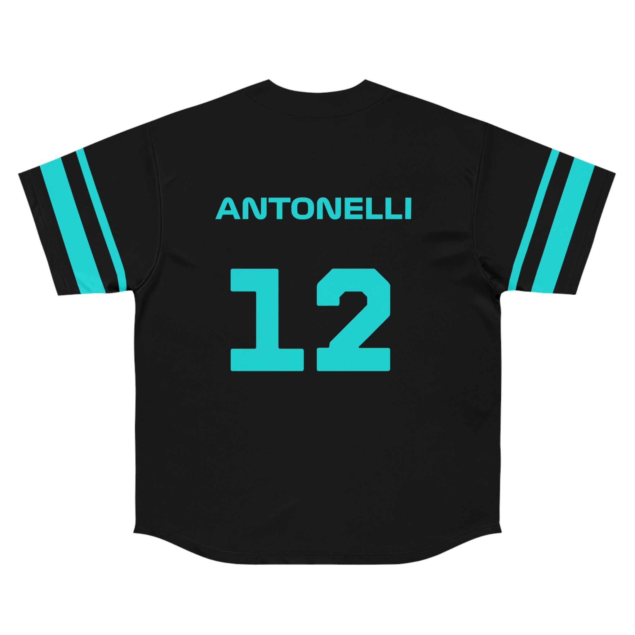 Silver and black racing-inspired baseball jersey with button-up front. Designed for fans of next-gen motorsport talent.