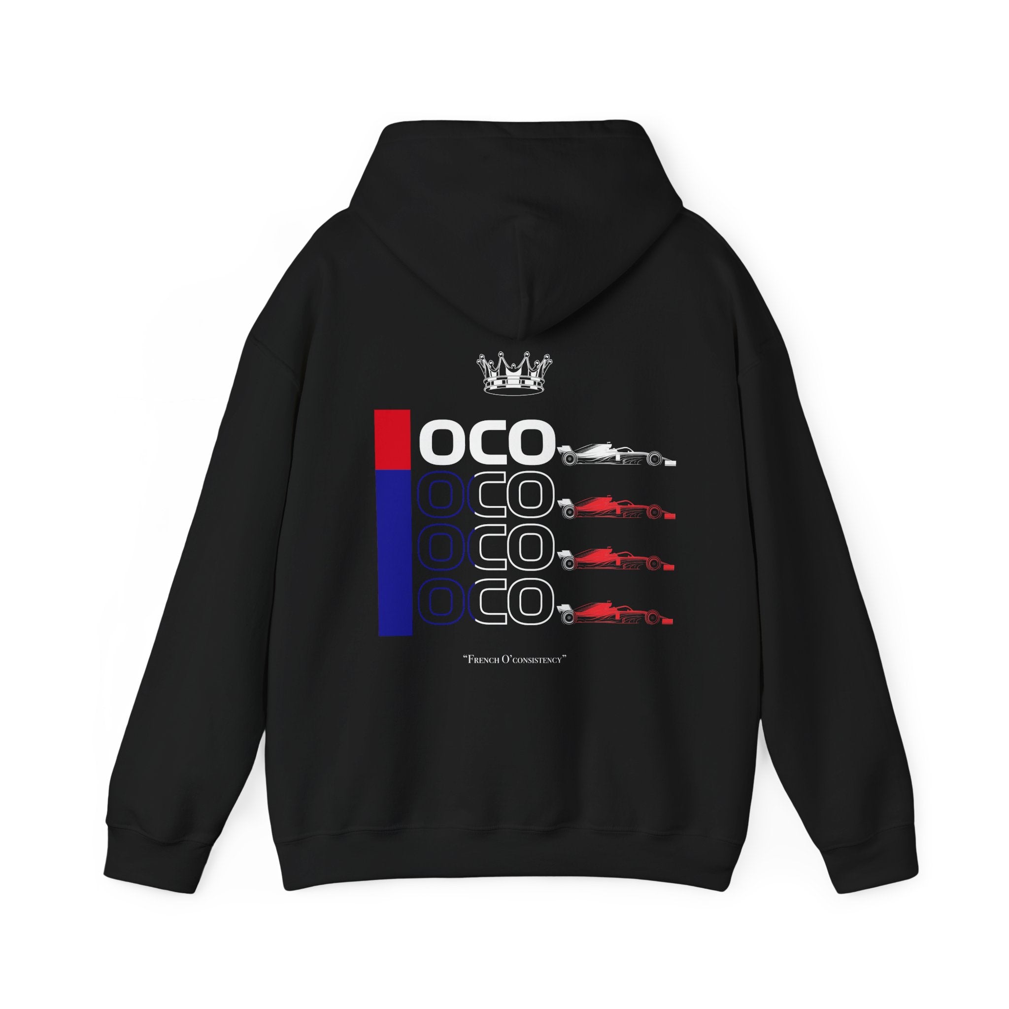 Black racing-inspired hoodie with bold French-style motorsport theme. Cozy fleece design with a consistent racing energy.