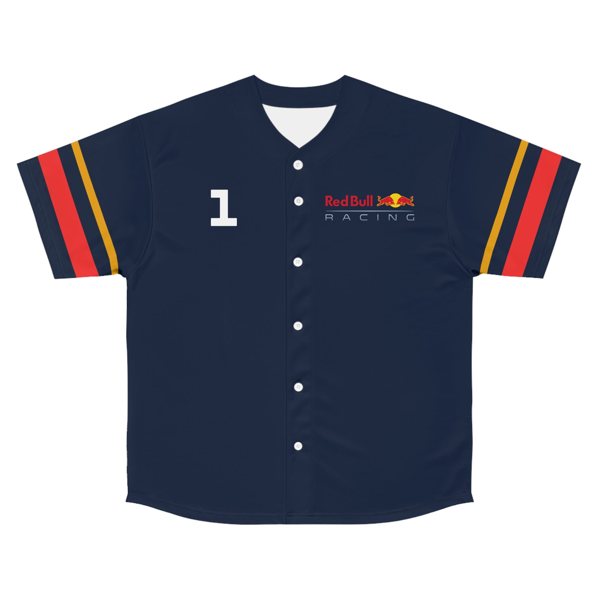 Red and navy racing-inspired baseball jersey with button-up front. Designed for fans of Dutch motorsport legends.
