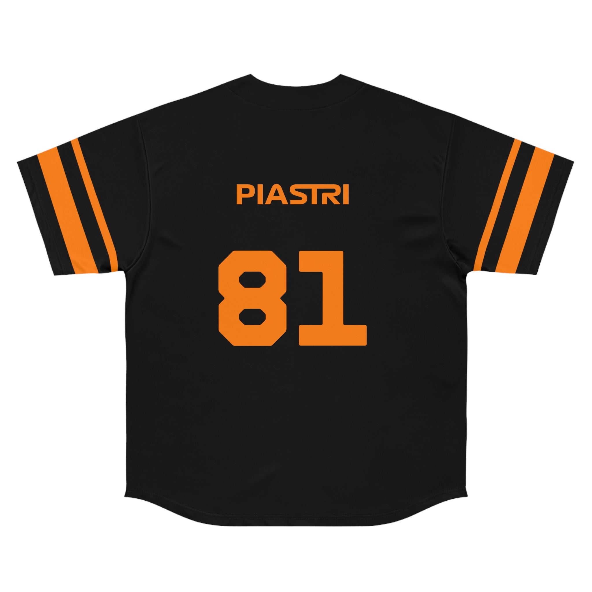 Papaya orange racing-inspired baseball jersey with button-up front and lightweight design. Inspired by rising talent in motorsport.