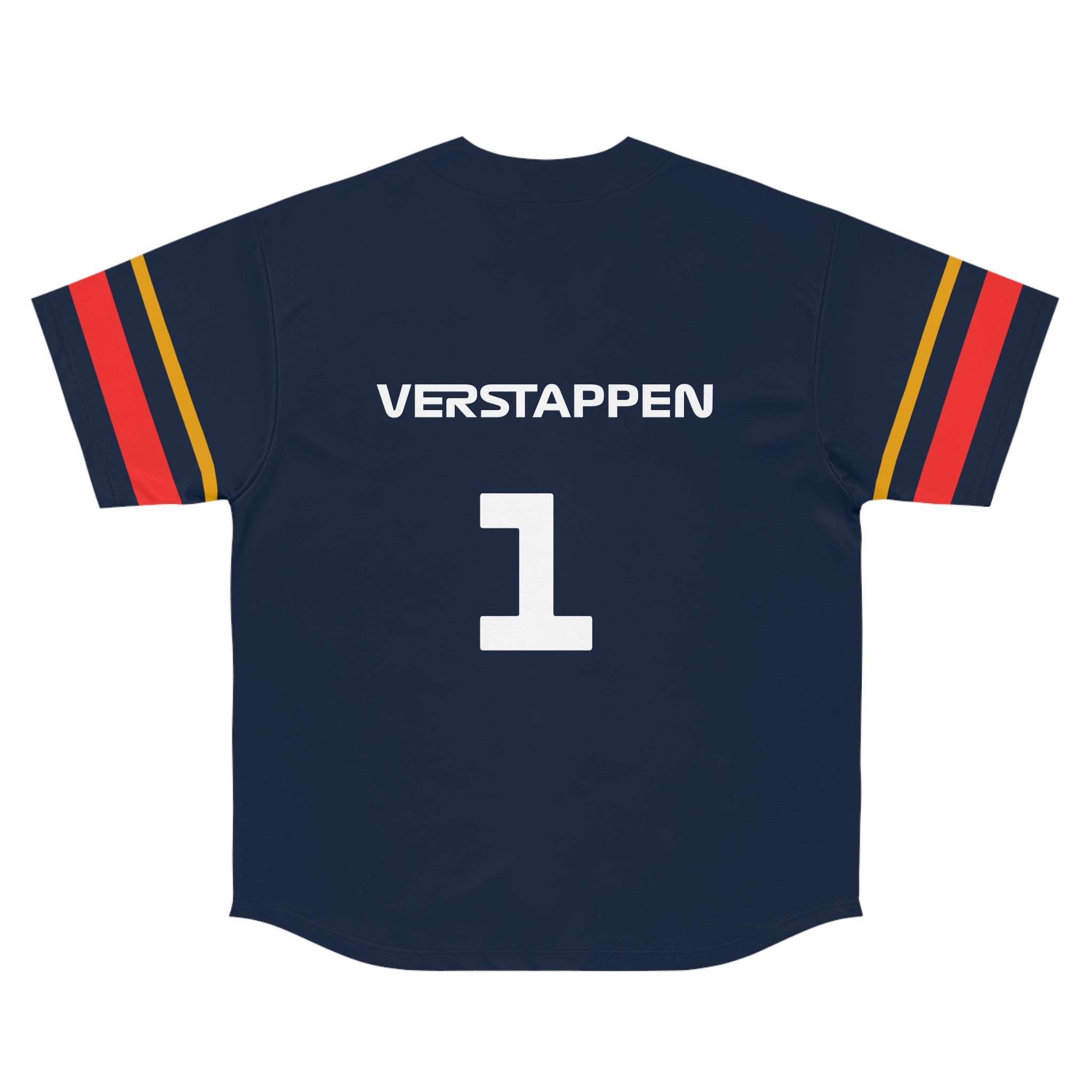 Red and navy racing-inspired baseball jersey with button-up front. Designed for fans of Dutch motorsport legends.