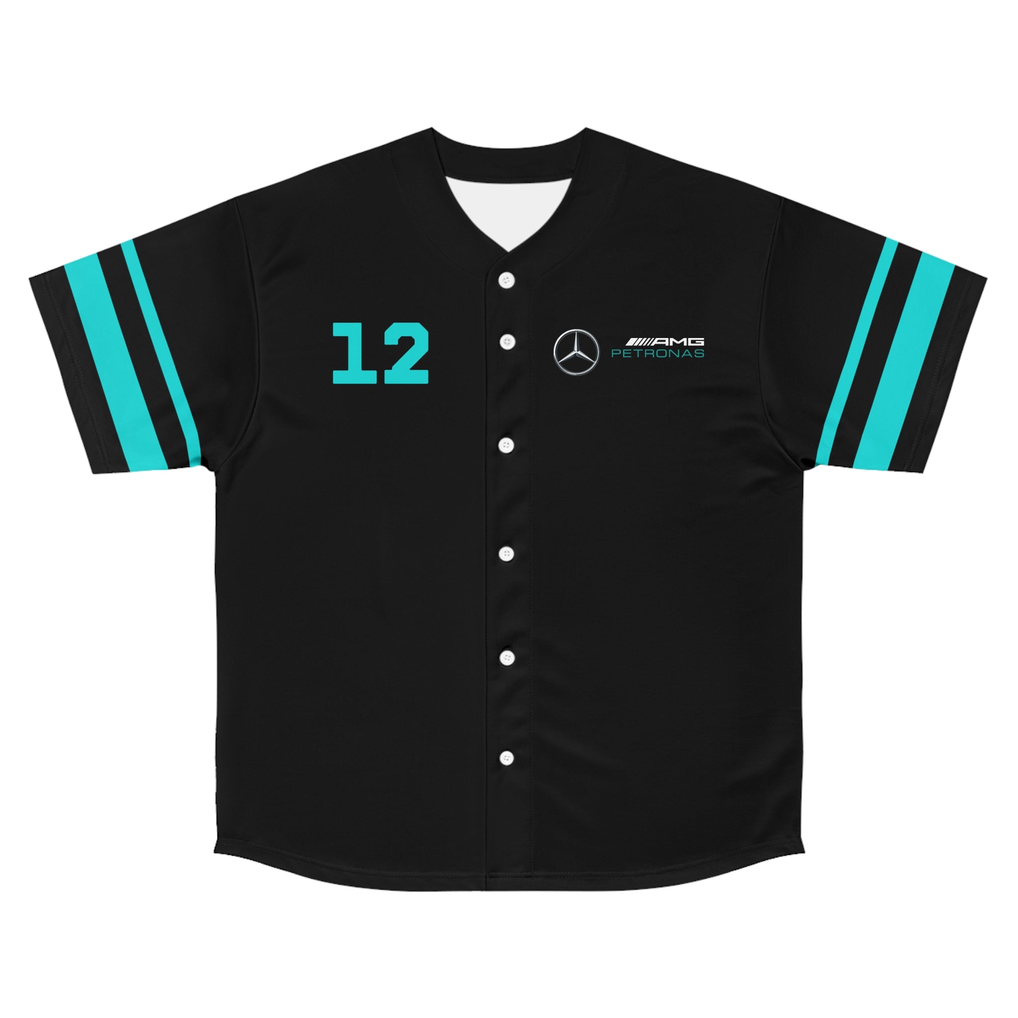 Silver and black racing-inspired baseball jersey with button-up front. Designed for fans of next-gen motorsport talent.