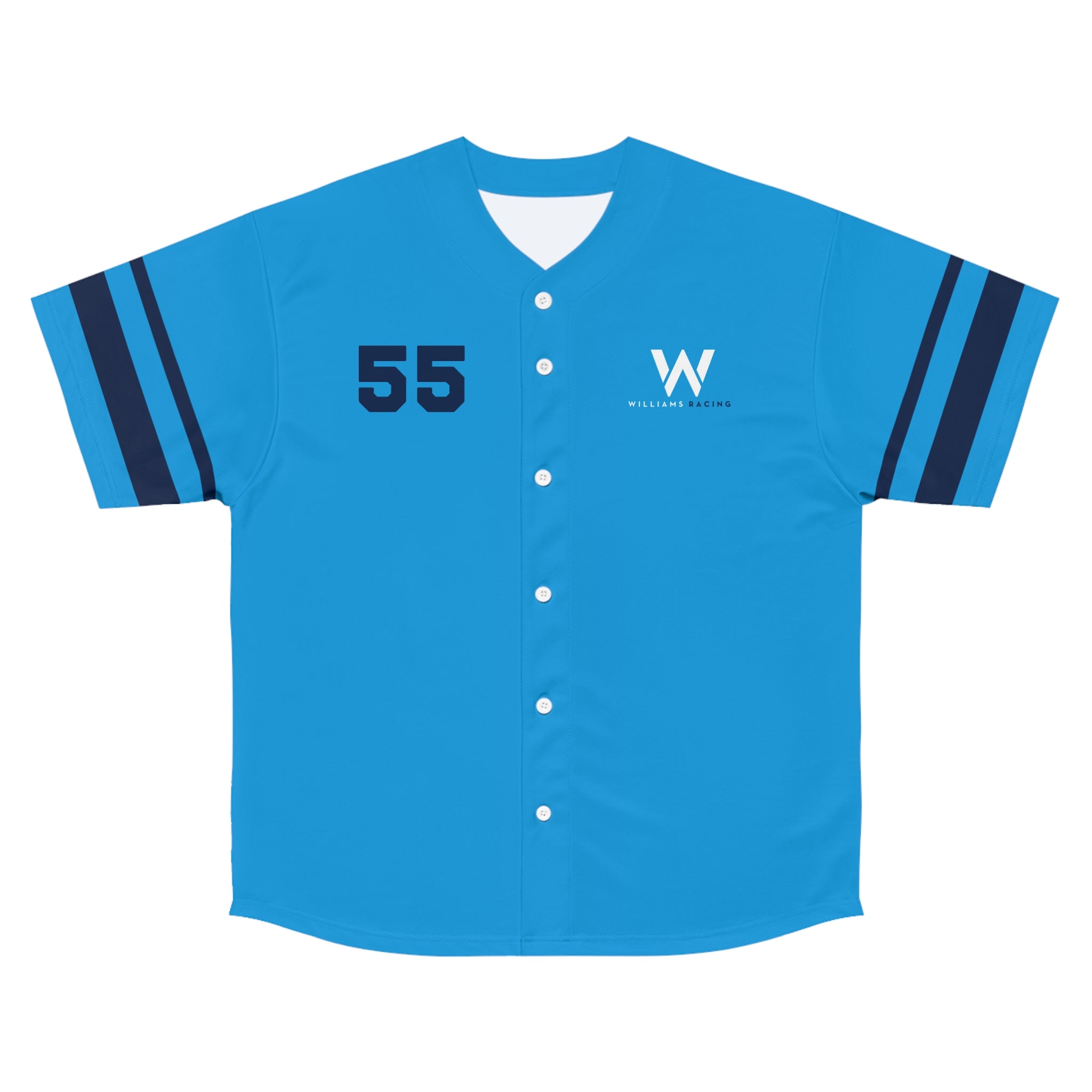 Blue and white racing-inspired baseball jersey with button-up front, designed for fans of smooth, strategic racecraft.