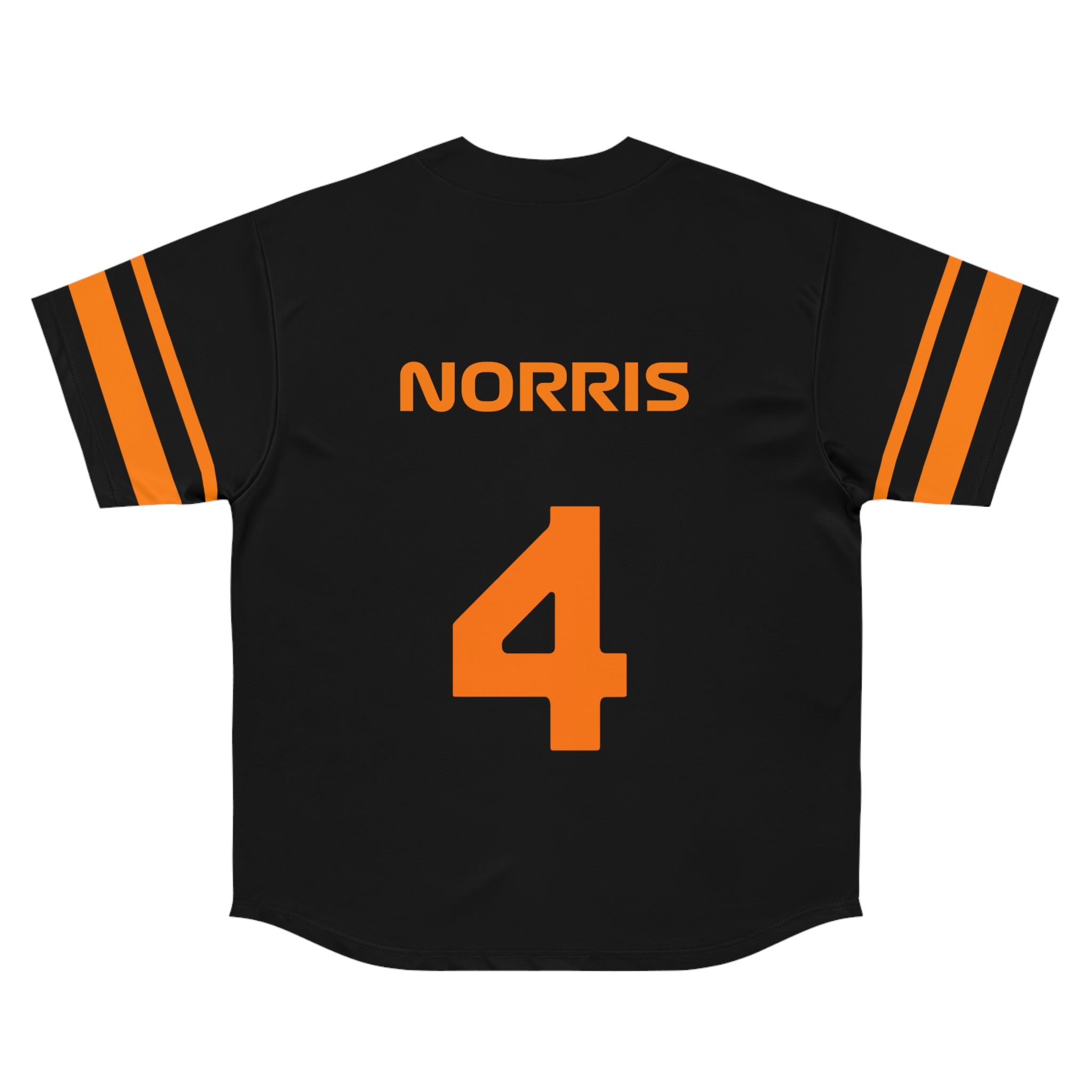 Papaya and black racing-inspired baseball jersey with button-up front and motorsport design elements. Inspired by young British racing talent.