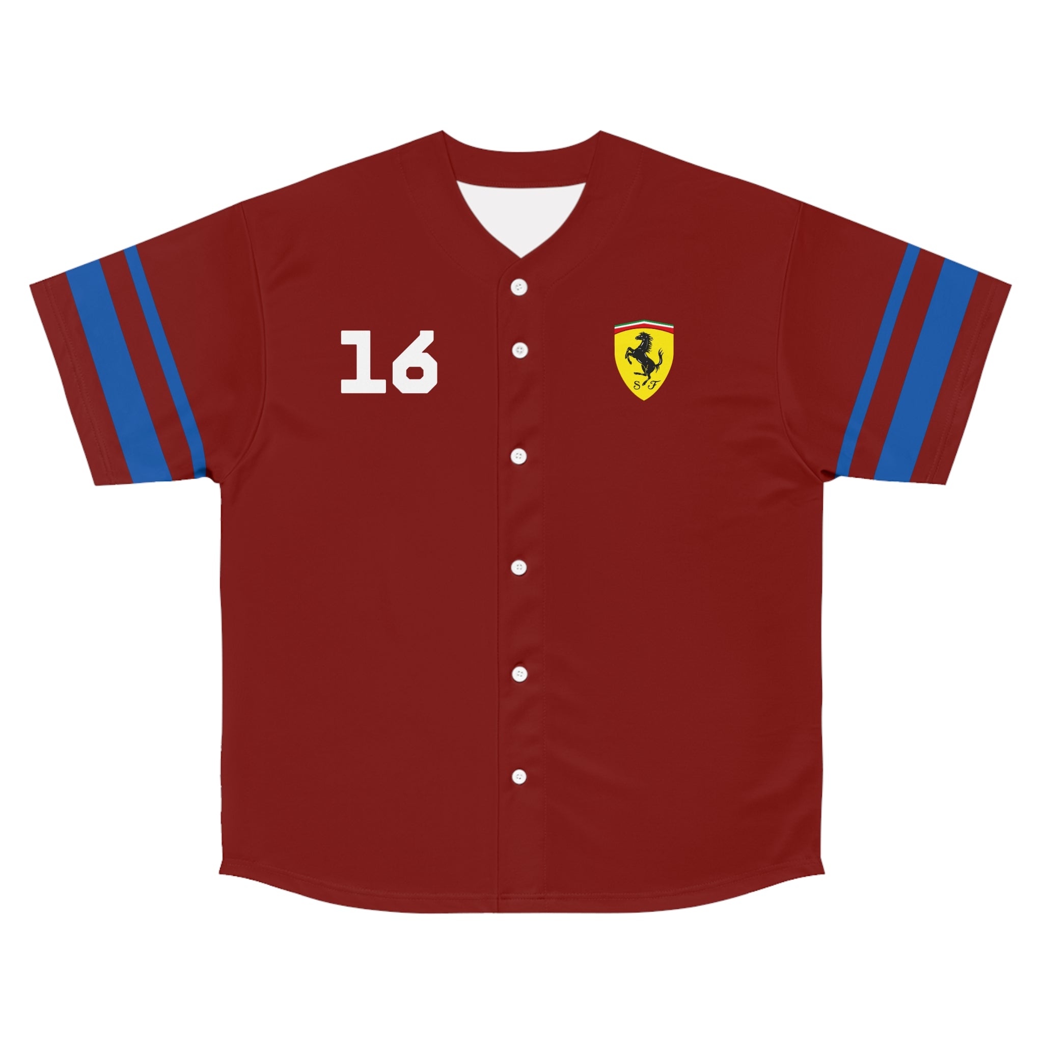 Red and white racing-inspired baseball jersey with button-up front. Designed for fans of legendary Grand Prix drivers.