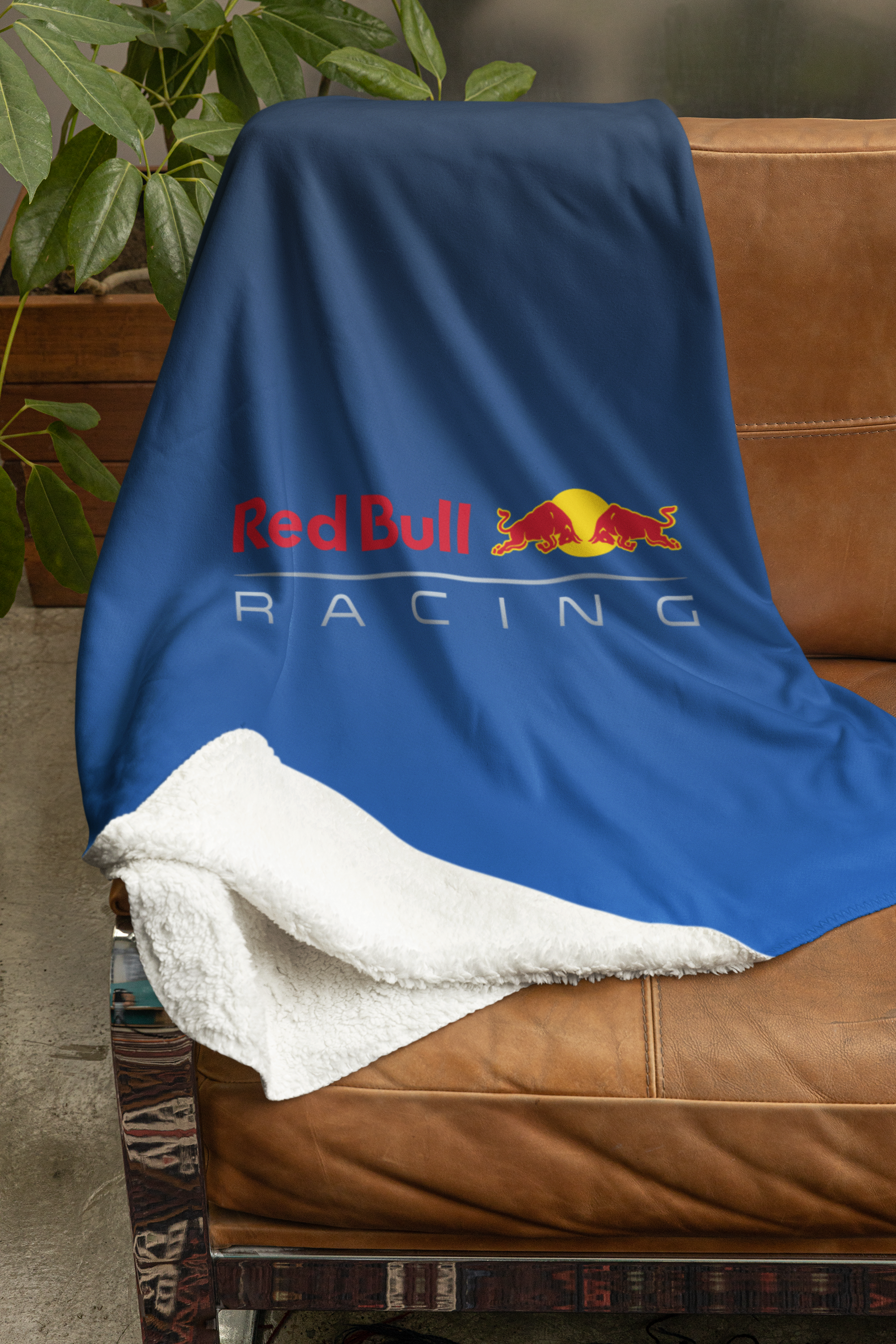 Blue and red racing-inspired sherpa fleece blanket with soft sherpa interior and bold Grand Prix design. Perfect for motorsport fans.