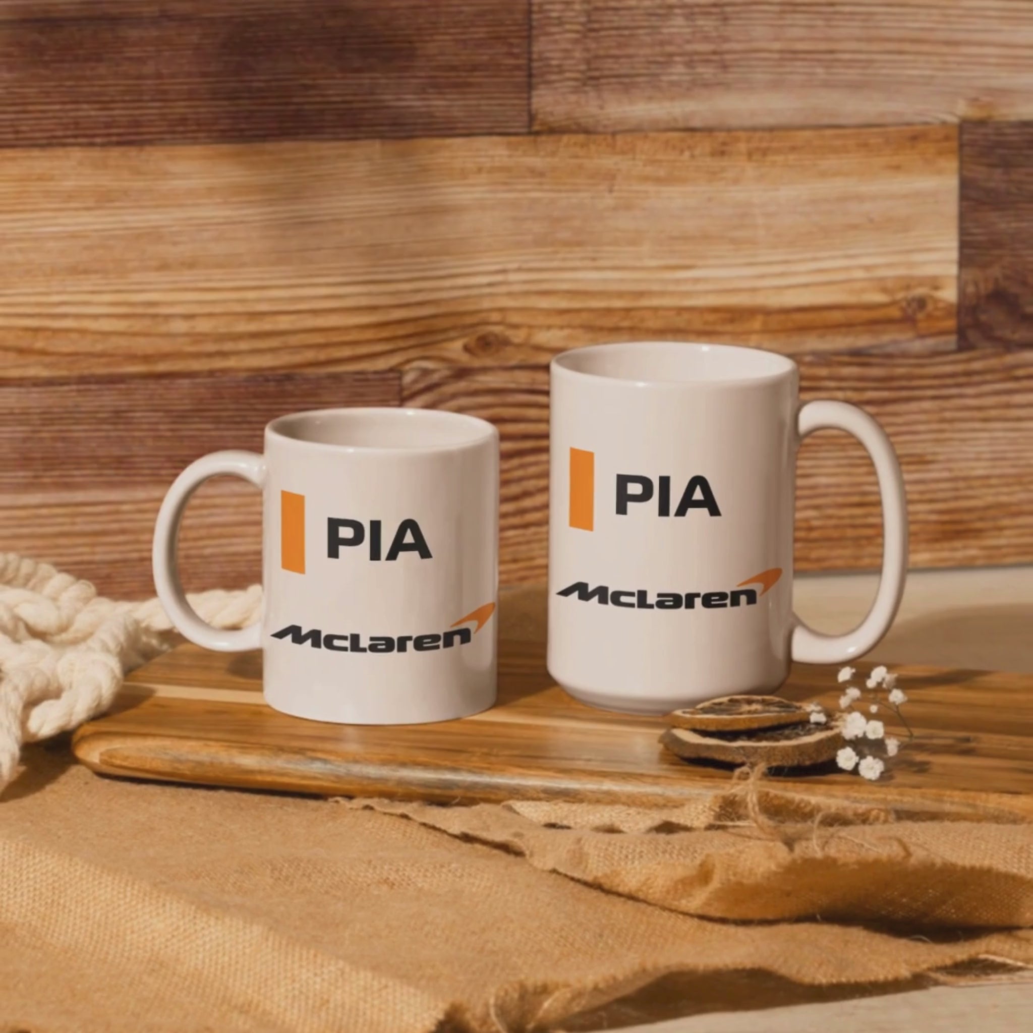 Load video: Papaya orange racing-inspired ceramic mug with an Australian speed theme. Perfect for motorsport fans and Grand Prix enthusiasts. Available in 11oz & 15oz sizes