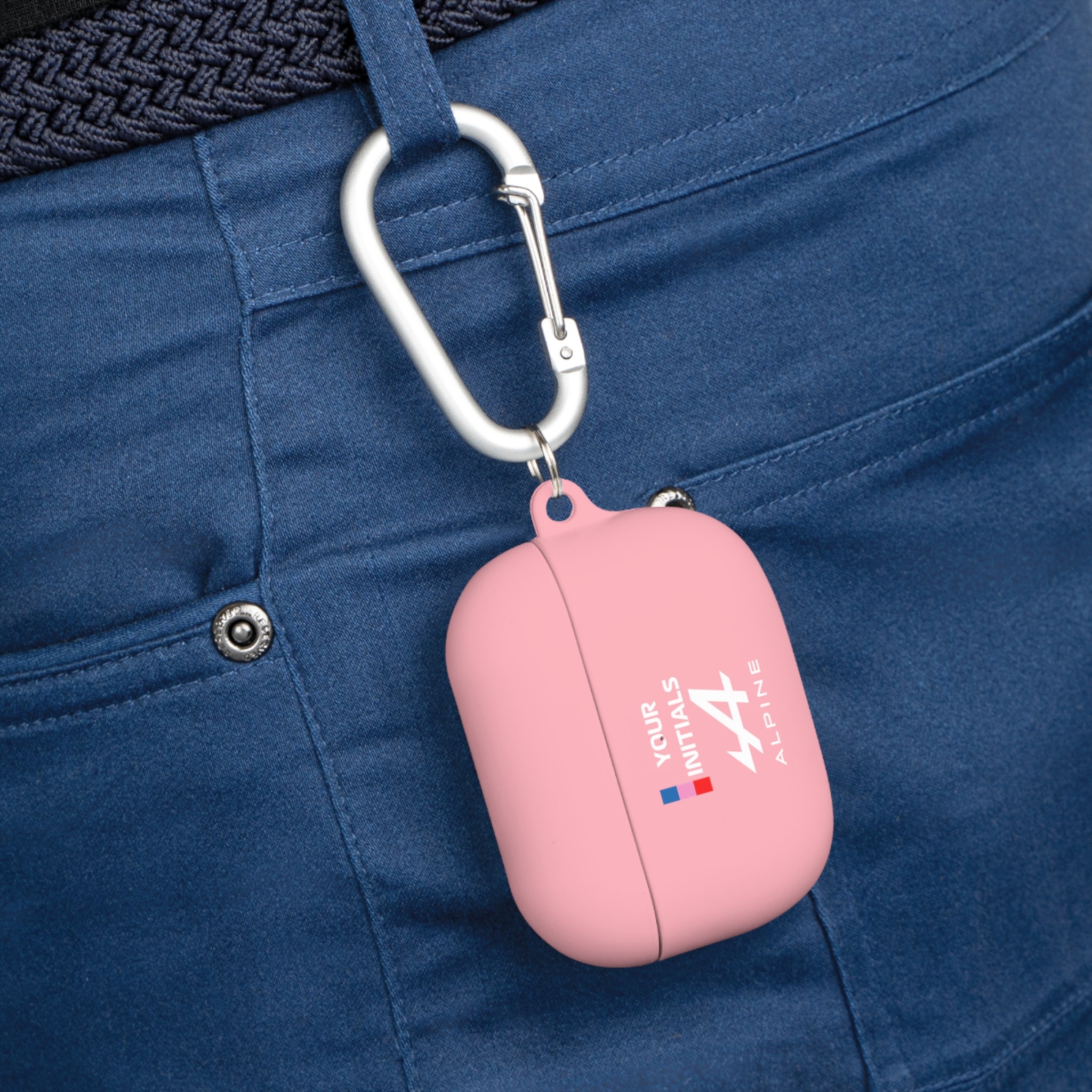 Blue and pink racing-inspired AirPods case with a sleek Grand Prix aesthetic and custom initials option. Ideal for motorsport fans.