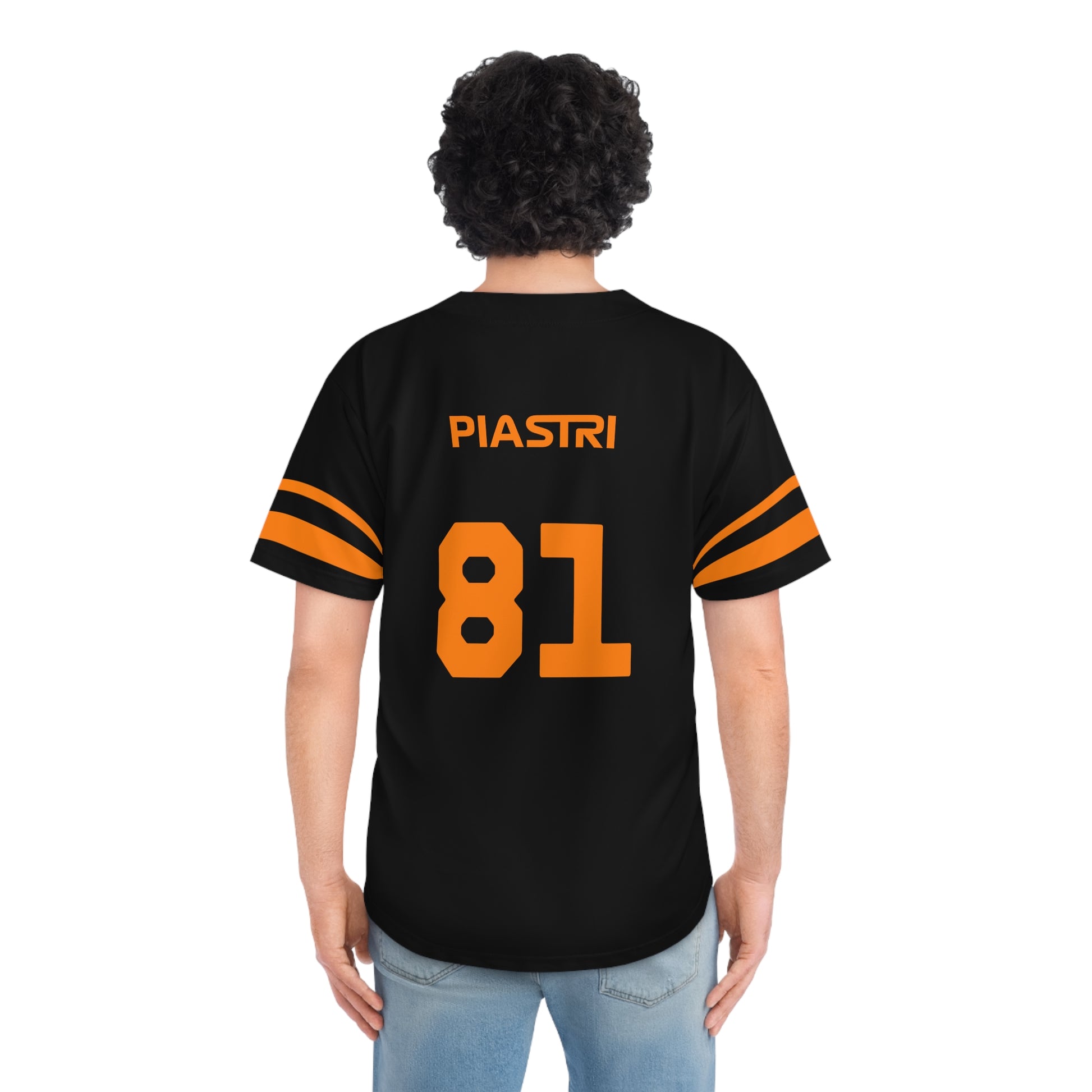 Papaya orange racing-inspired baseball jersey with button-up front and lightweight design. Inspired by rising talent in motorsport.