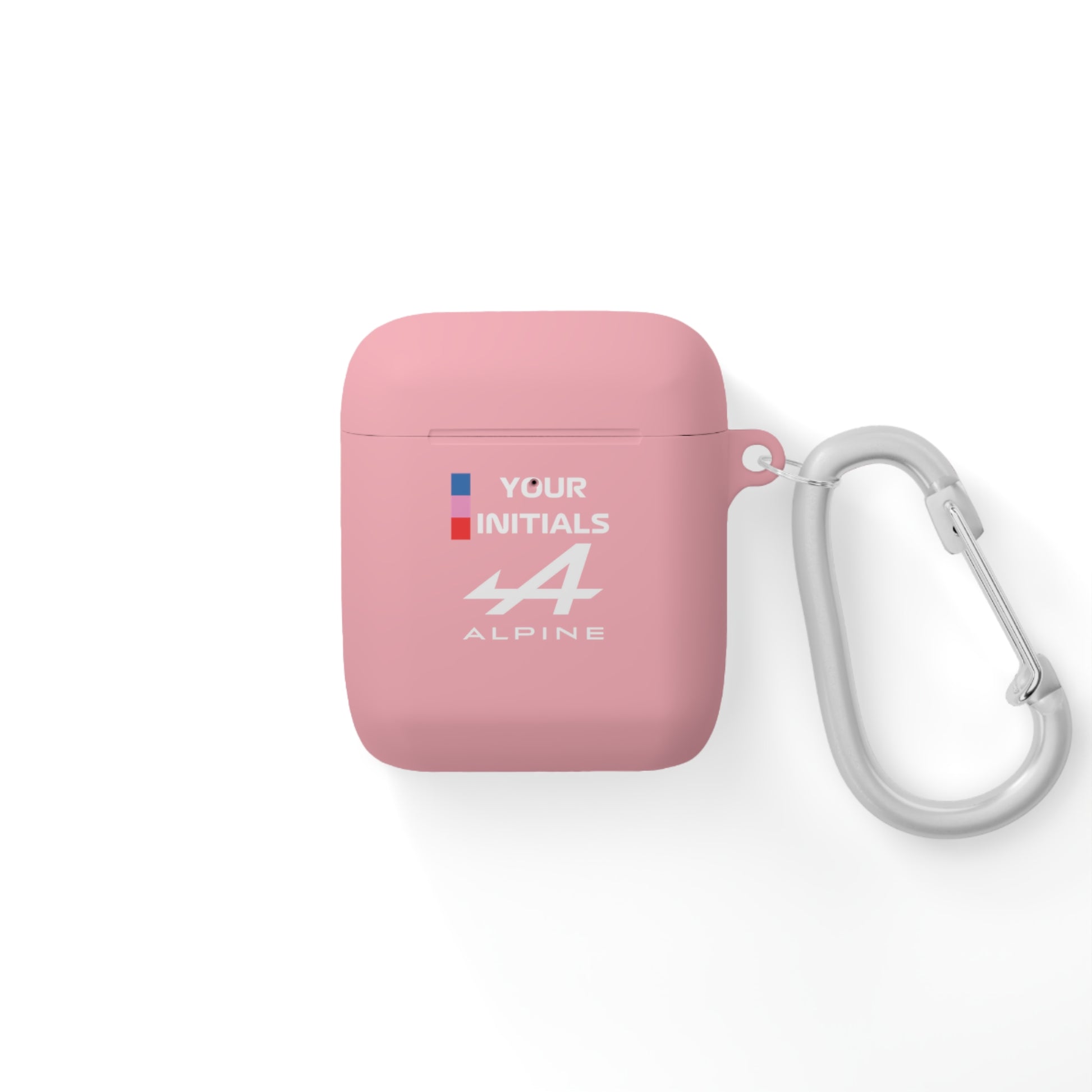 Blue and pink racing-inspired AirPods case with a sleek Grand Prix aesthetic and custom initials option. Ideal for motorsport fans.