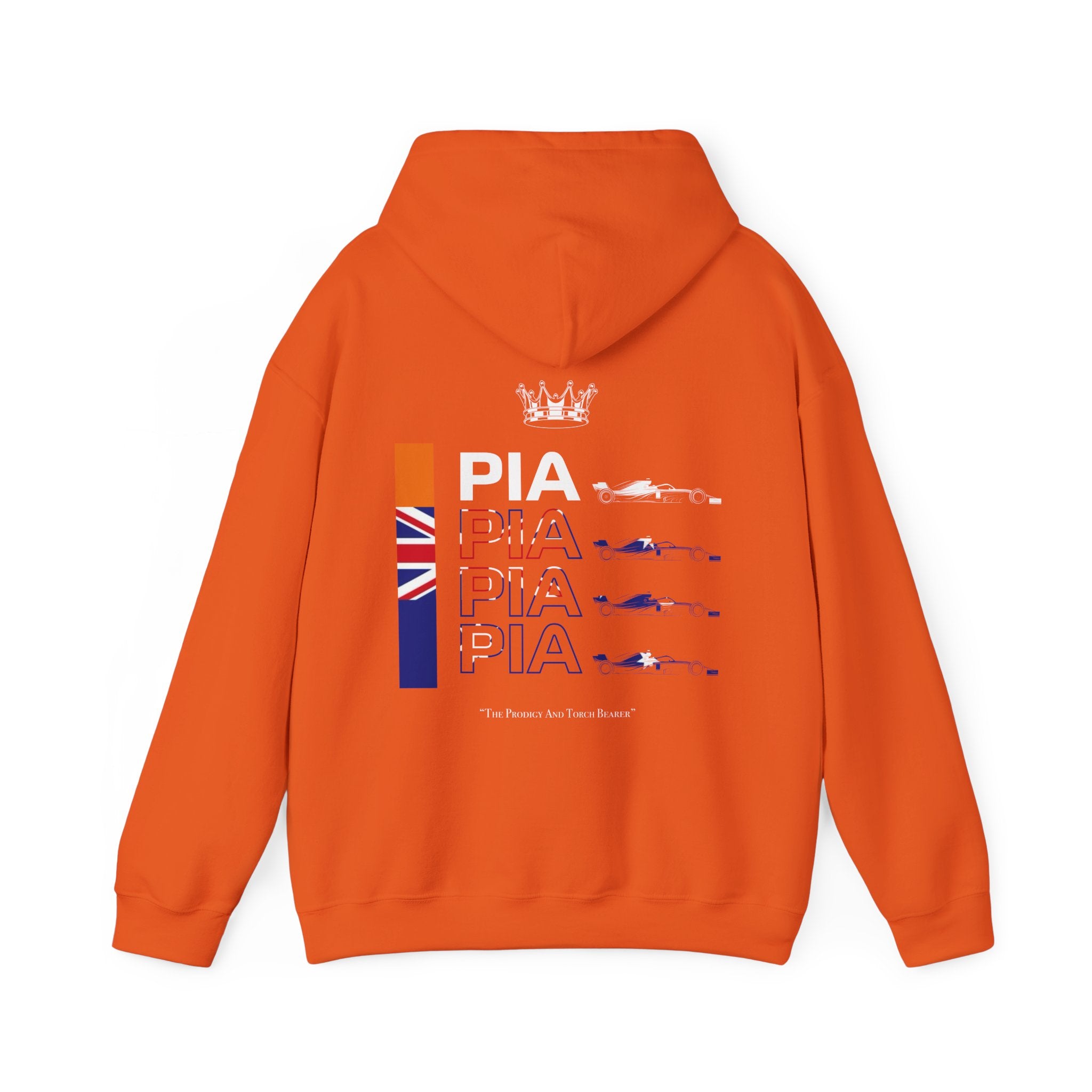 Papaya orange racing-inspired unisex hoodie with a motorsport aesthetic, available in a heavy blend. Perfect for Grand Prix fans and speed enthusiasts.