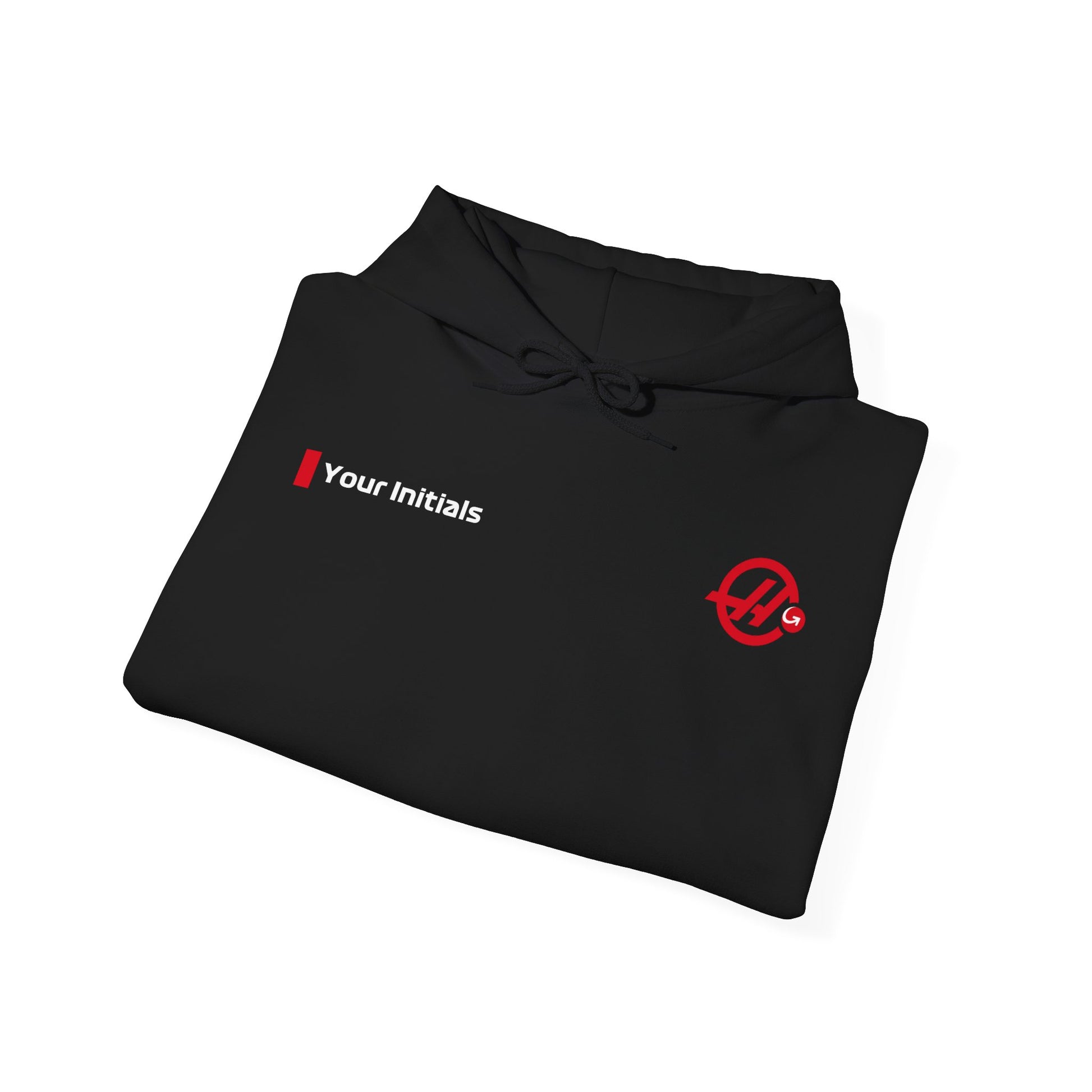 White and red racing-inspired unisex hoodie with a sleek Grand Prix aesthetic and custom initials option. Ideal for motorsport fans.