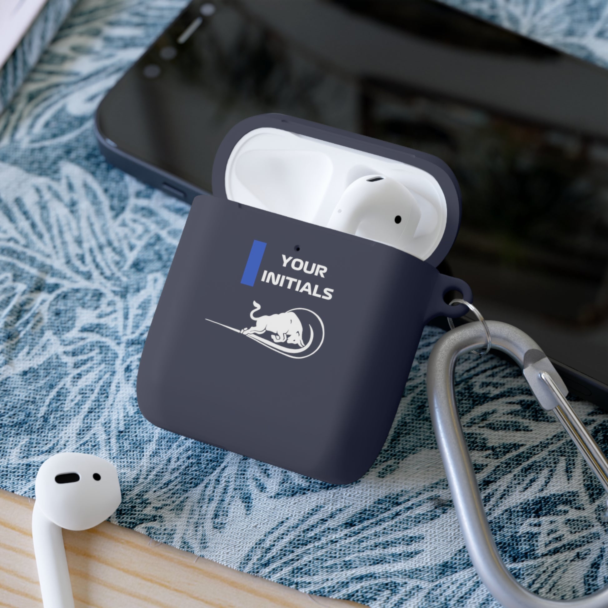 Blue and white racing-inspired AirPods case with a sleek Grand Prix aesthetic and custom initials option. Ideal for motorsport fans.