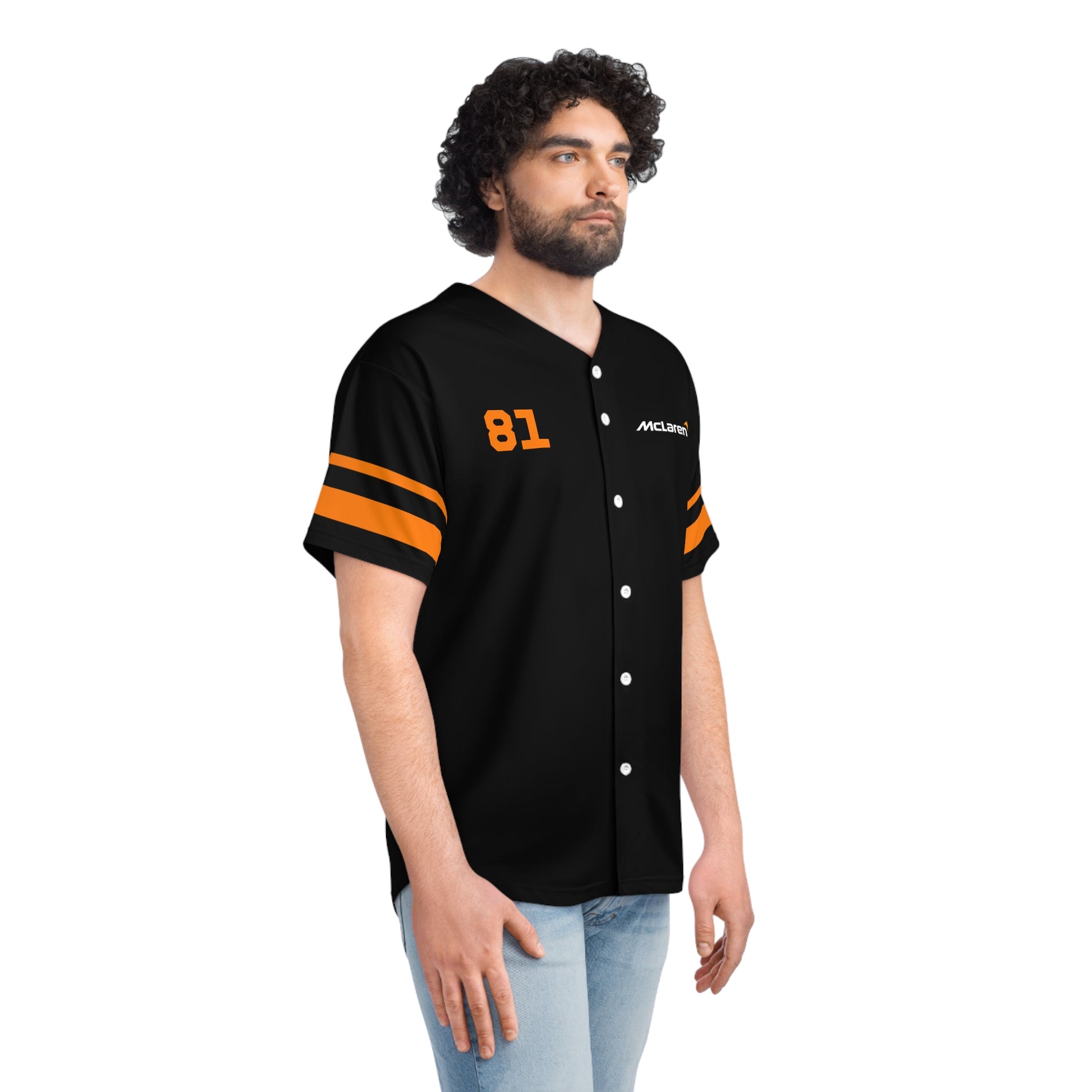 Papaya orange racing-inspired baseball jersey with button-up front and lightweight design. Inspired by rising talent in motorsport.