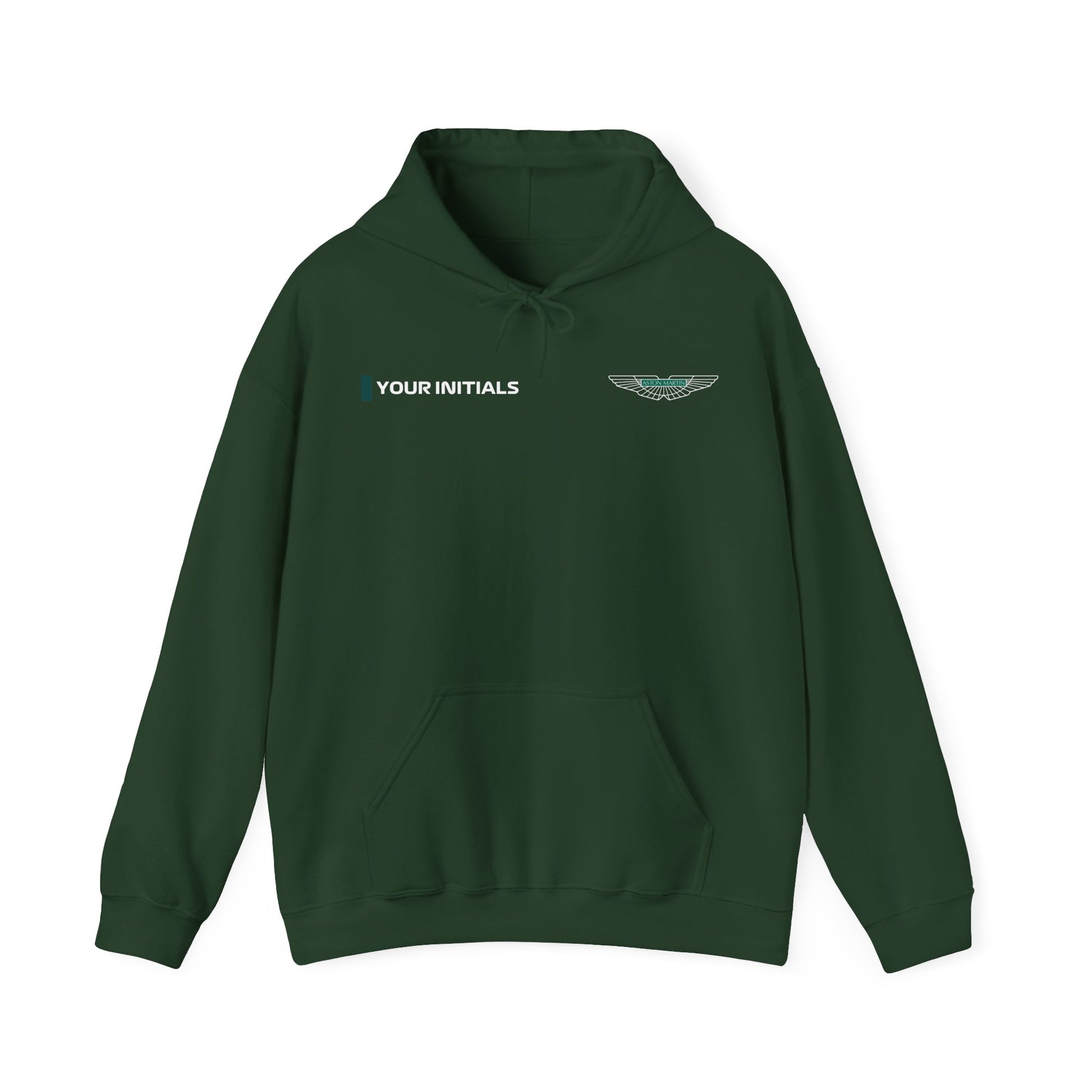 Verdant green racing-inspired hoodie with a motorsport aesthetic, custom initials, and heavyweight comfort. Perfect for Grand Prix fans and speed enthusiasts.