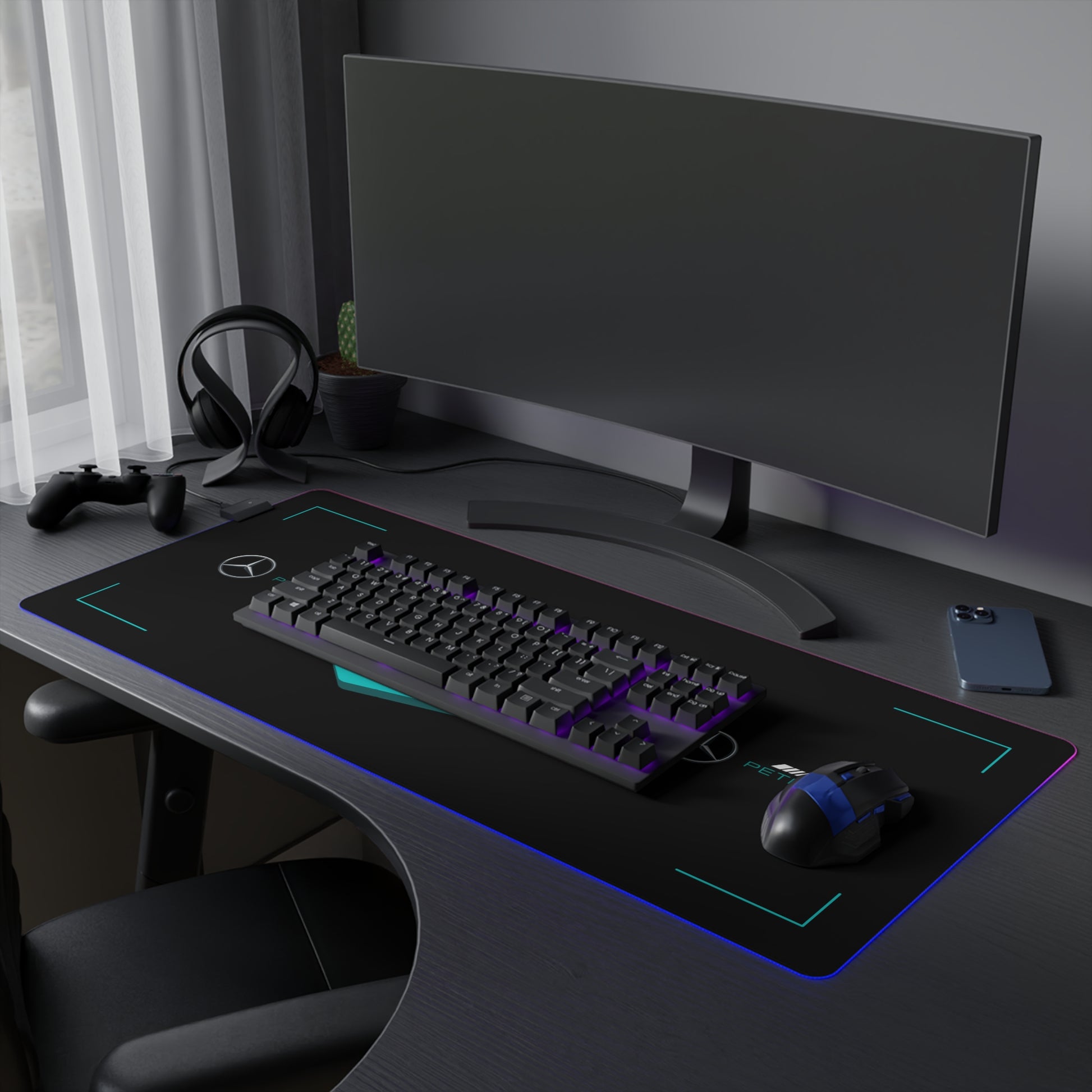 Silver and black racing-inspired gaming mouse pad with a high-precision surface and sleek motorsport aesthetic. Inspired by tire management and elite control.