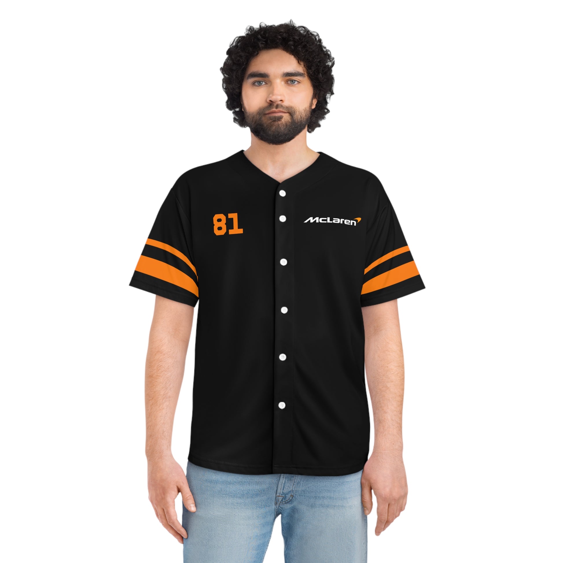 Papaya orange racing-inspired baseball jersey with button-up front and lightweight design. Inspired by rising talent in motorsport.