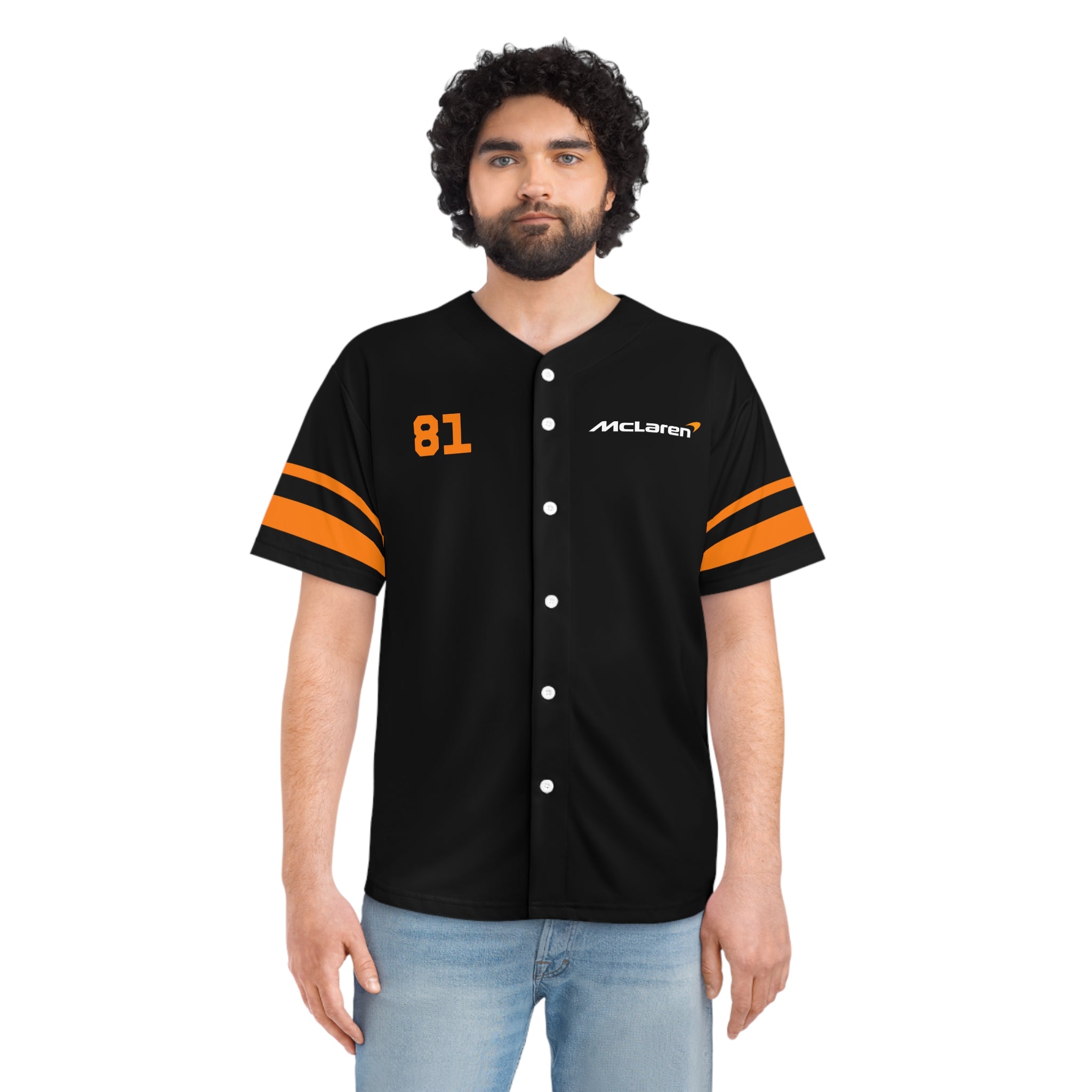 Papaya orange racing-inspired baseball jersey with button-up front and lightweight design. Inspired by rising talent in motorsport.