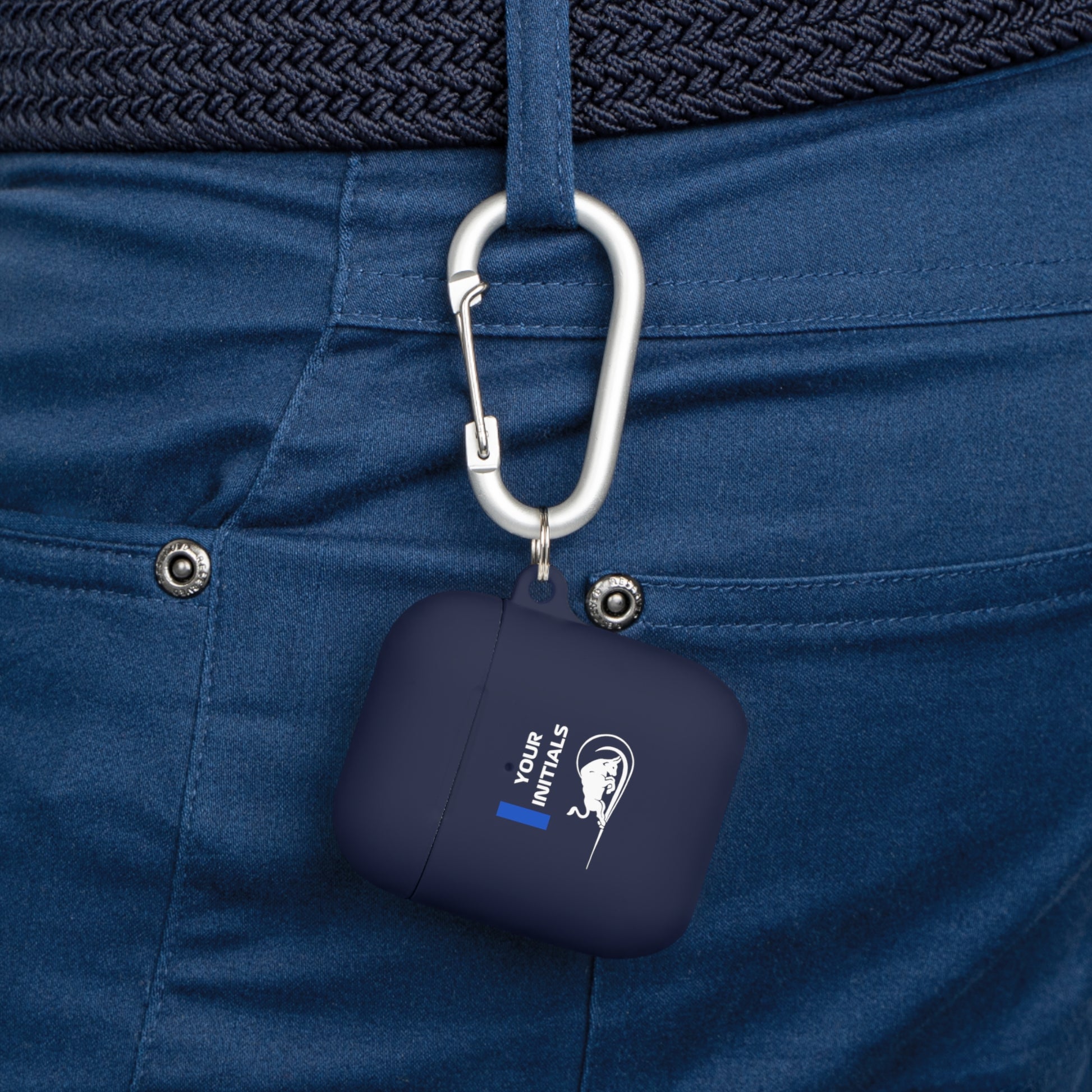 Blue and white racing-inspired AirPods case with a sleek Grand Prix aesthetic and custom initials option. Ideal for motorsport fans.