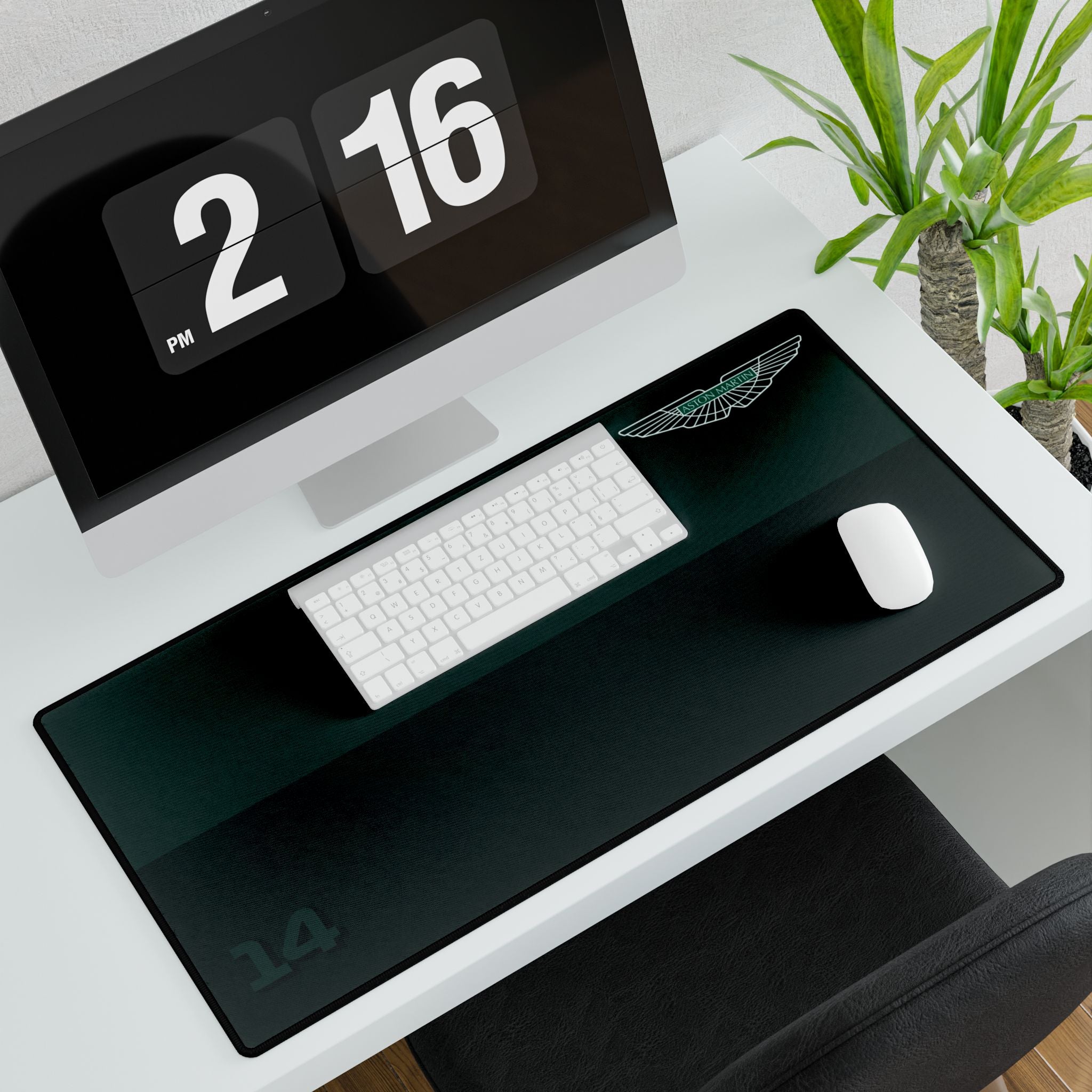 Green racing-inspired desk mat featuring a sleek Grand Prix aesthetic. Ideal for motorsport fans and home office setups.