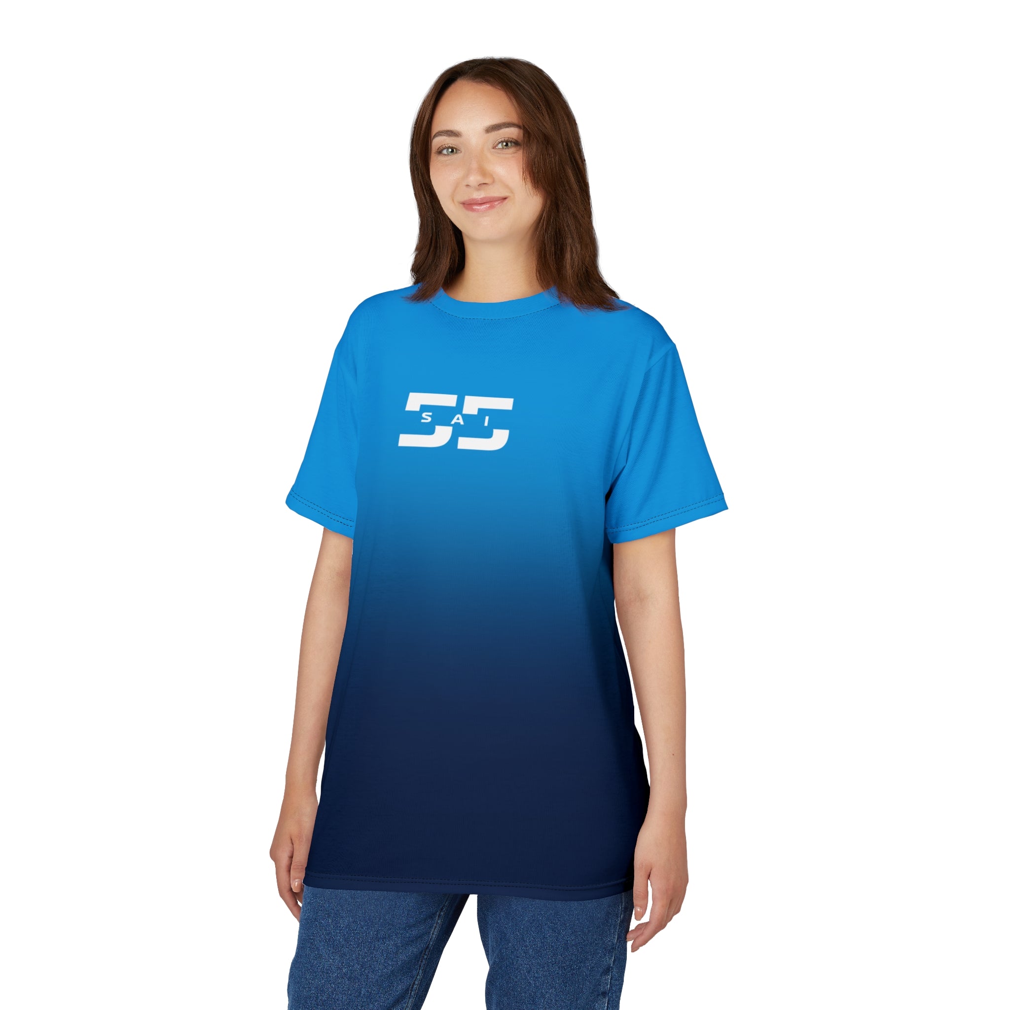 Azure blue and red racing-inspired unisex cut & sew tee with a motorsport aesthetic. Perfect for Grand Prix fans and speed enthusiasts.