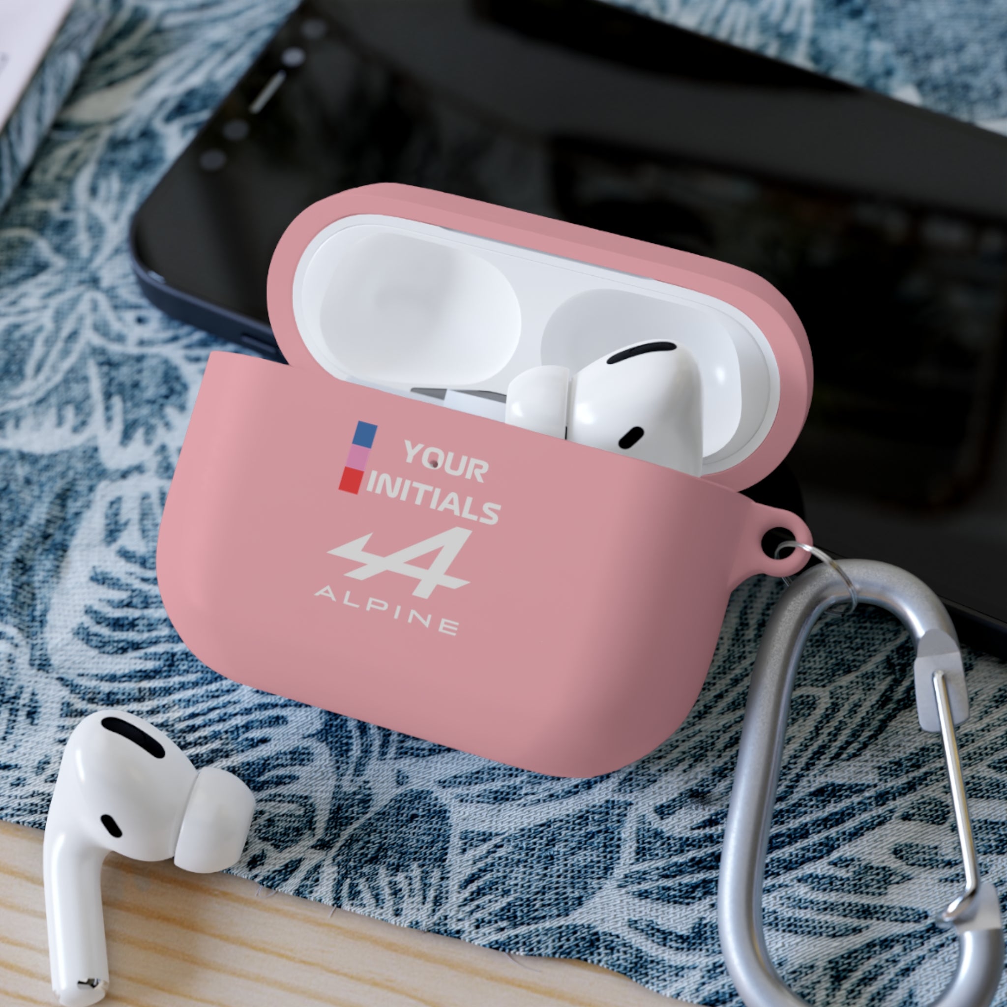 Blue and pink racing-inspired AirPods case with a sleek Grand Prix aesthetic and custom initials option. Ideal for motorsport fans.