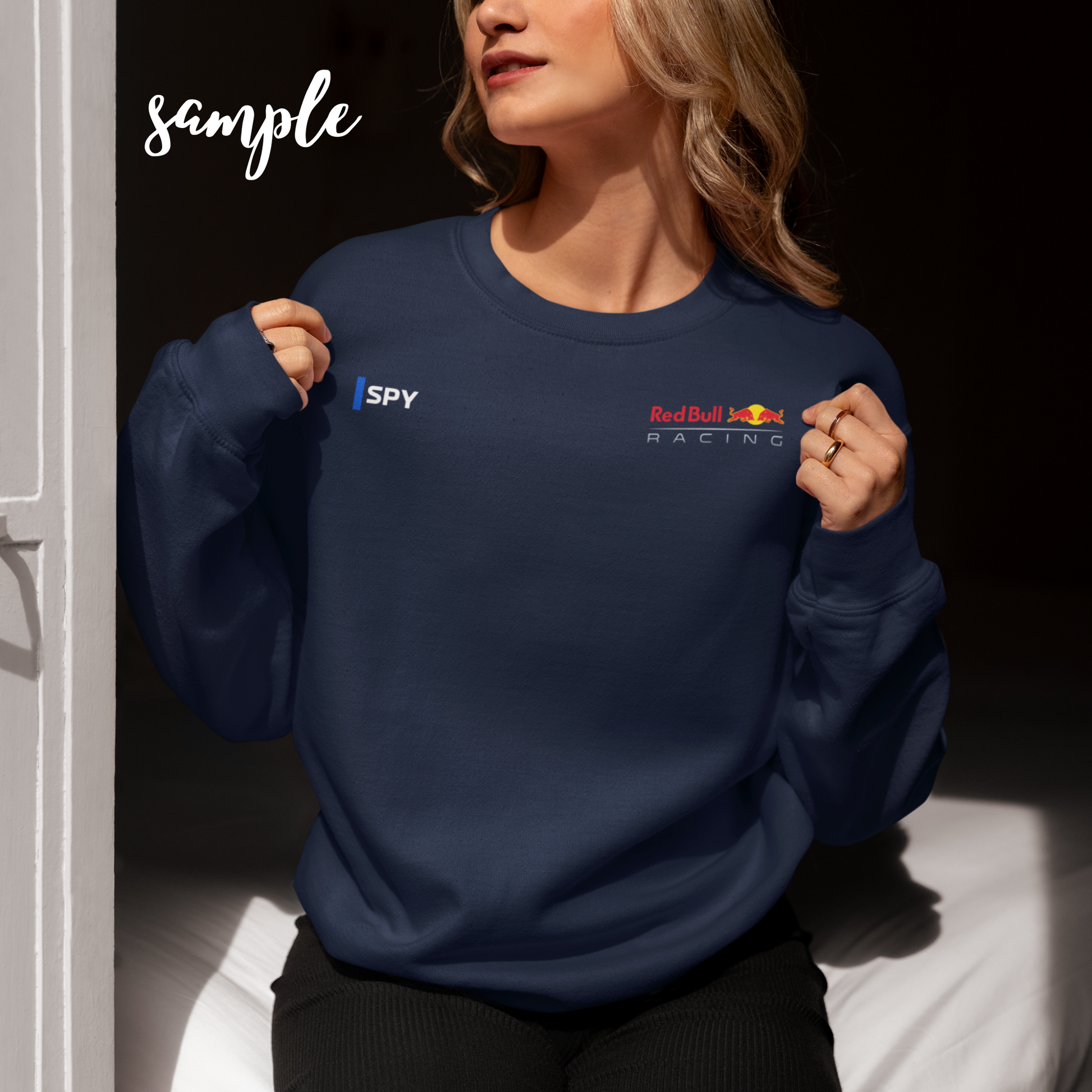 Eclipse blue racing-inspired crewneck sweatshirt with a motorsport aesthetic, custom initials, and heavyweight comfort. Perfect for Grand Prix fans and speed enthusiasts.