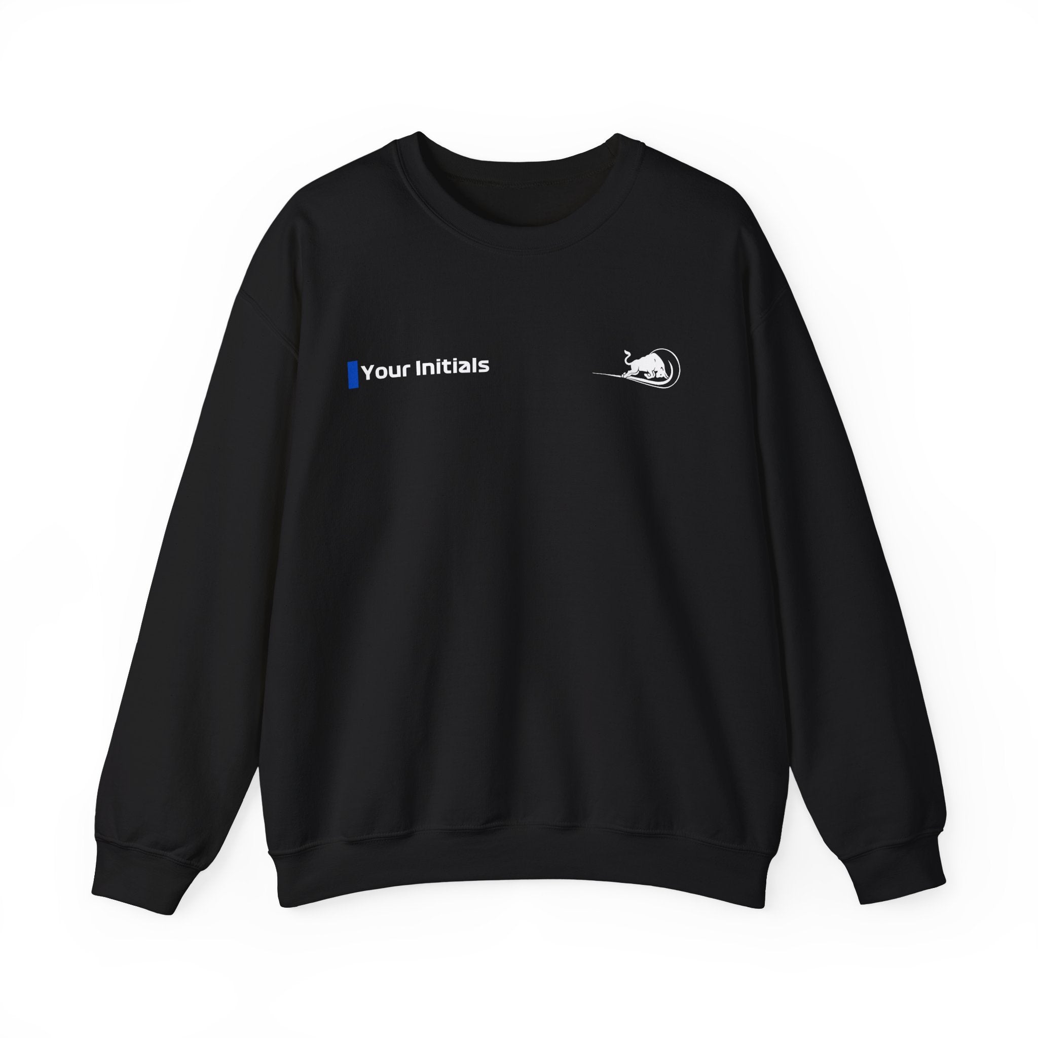 Dark blue and white racing-inspired unisex crewneck sweatshirt with a sleek Grand Prix aesthetic and custom initials option. Ideal for motorsport fans.