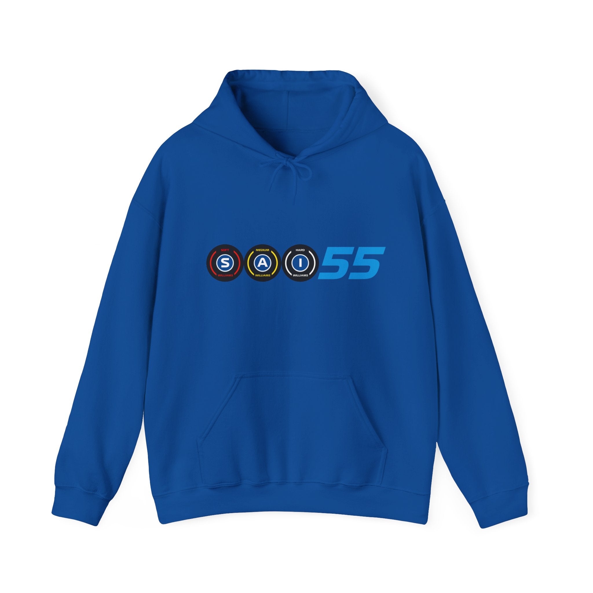 Blue racing-inspired fleece hoodie with a Grand Prix aesthetic. Perfect for motorsport fans and racing enthusiasts