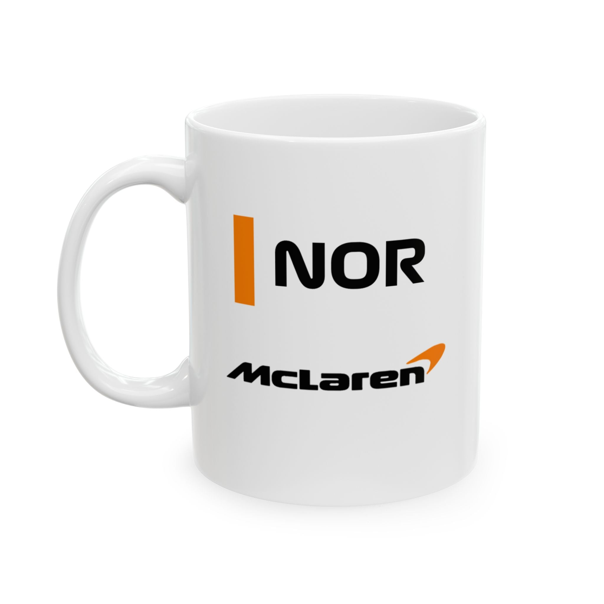 Papaya orange racing-inspired ceramic mug with a motorsport aesthetic, available in 11oz and 15oz. Perfect for Grand Prix fans and speed enthusiasts.