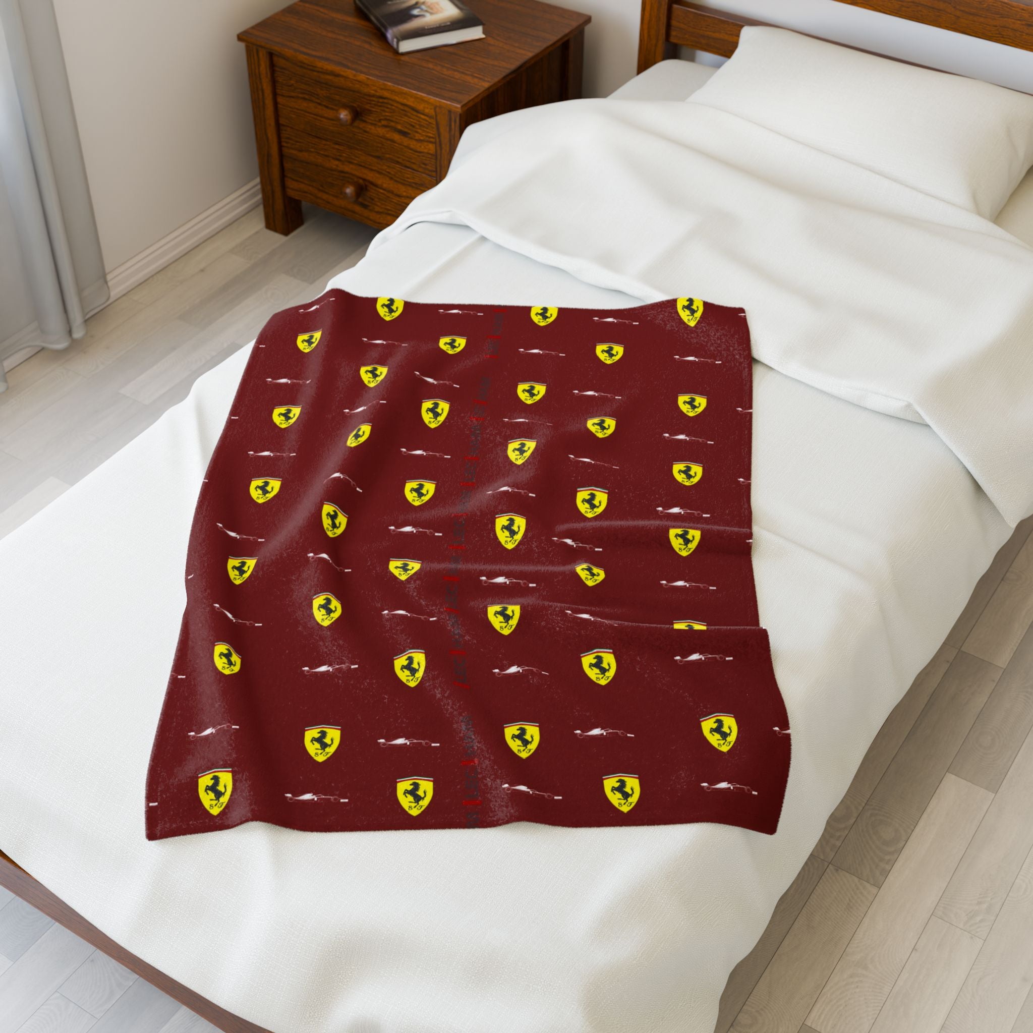 Red racing-inspired velveteen plush blanket with a sleek Grand Prix aesthetic. Ideal for motorsport fans and cozy home decor.