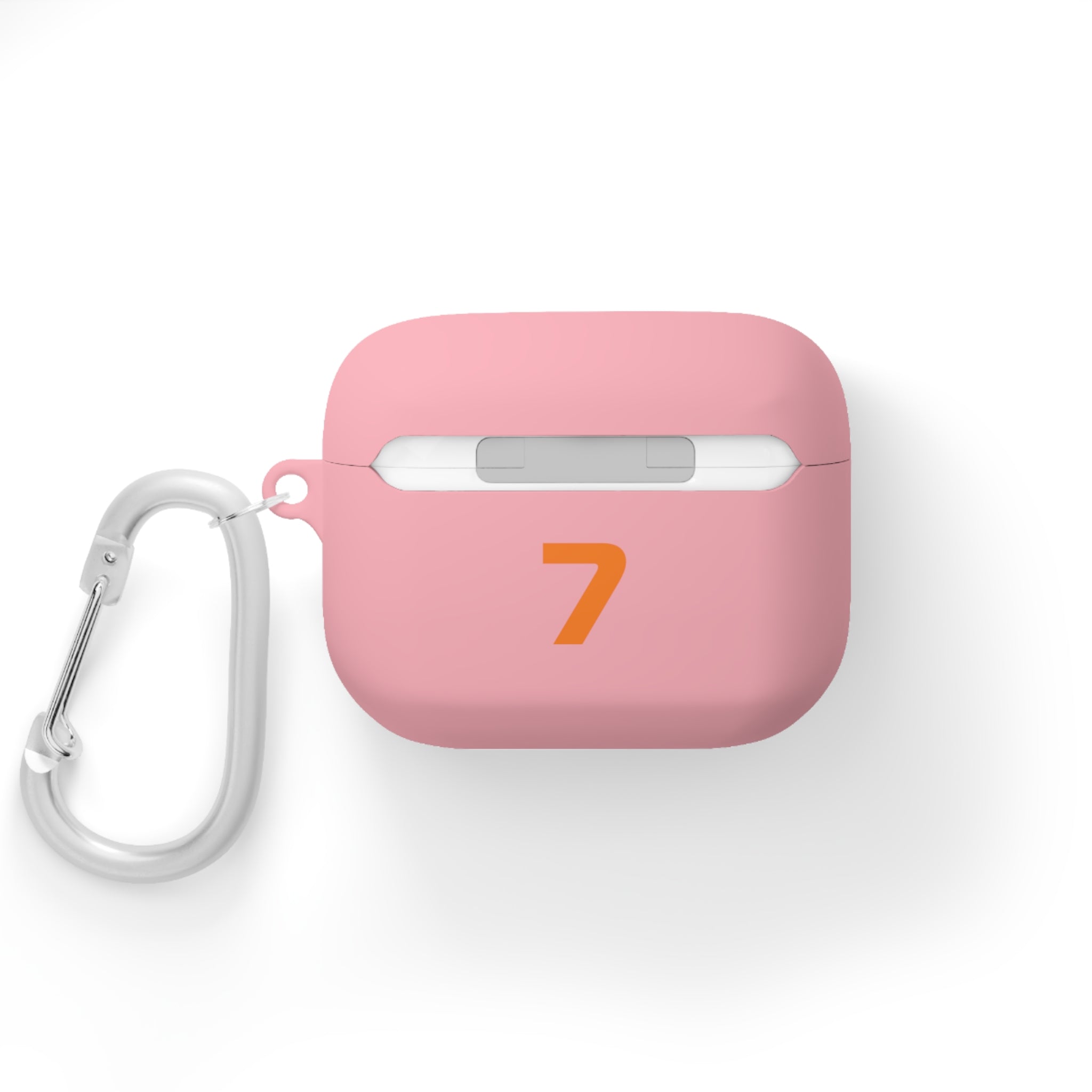 Papaya Orange racing-inspired AirPods case with shockproof protection, perfect for motorsport enthusiasts and Grand Prix fans. Custom initials option available.