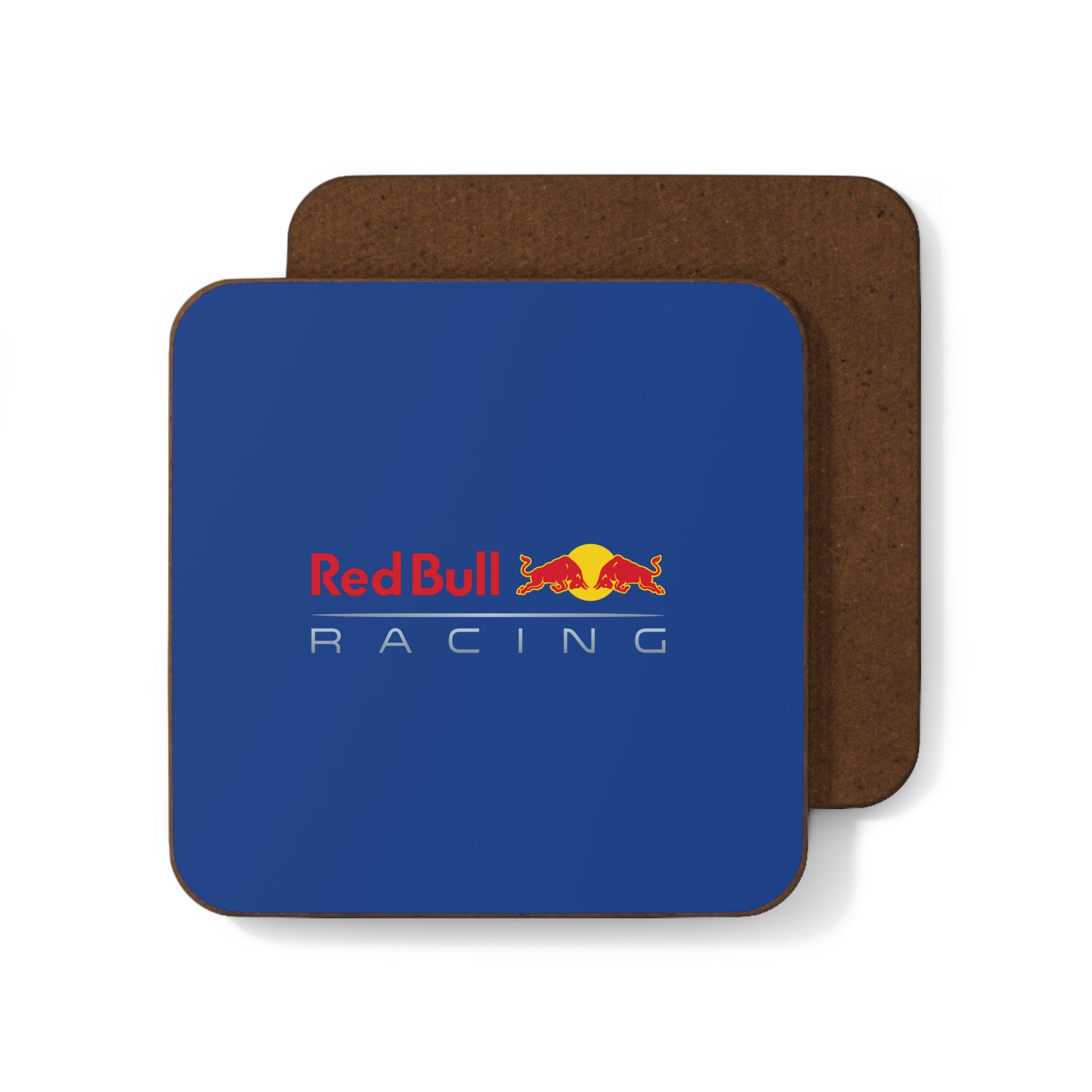 Red and navy racing-inspired mug coaster with a hardboard back. Perfect for motorsport fans and coffee lovers.