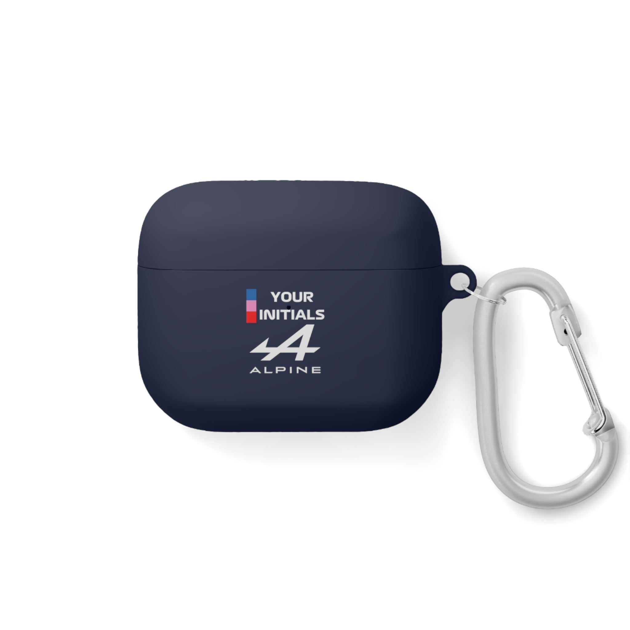 Blue and pink racing-inspired AirPods case with a sleek Grand Prix aesthetic and custom initials option. Ideal for motorsport fans.