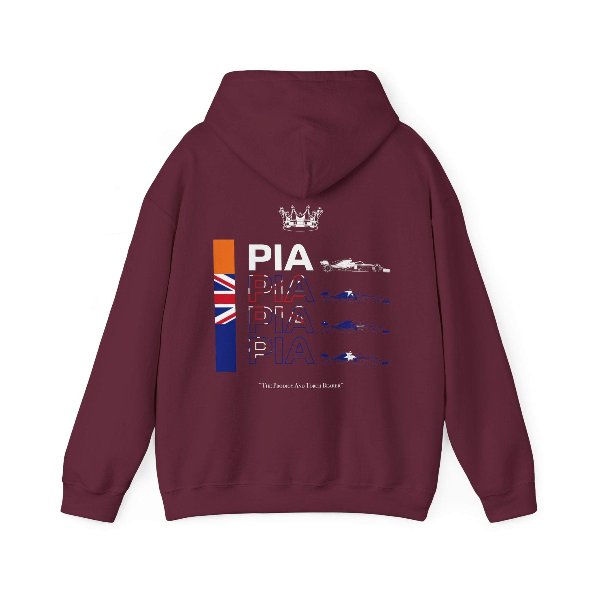 Papaya orange racing-inspired unisex hoodie with a motorsport aesthetic, available in a heavy blend. Perfect for Grand Prix fans and speed enthusiasts.