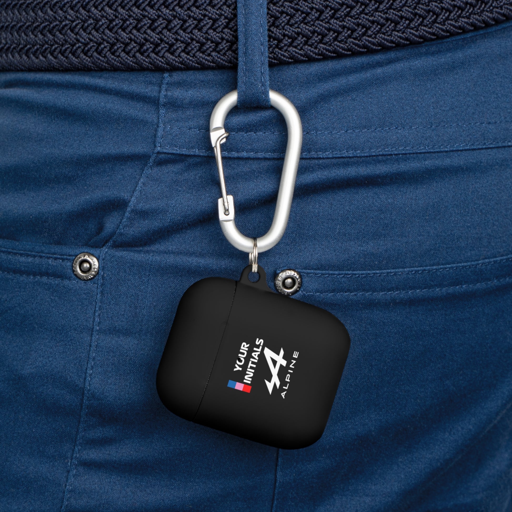 Blue and pink racing-inspired AirPods case with a sleek Grand Prix aesthetic and custom initials option. Ideal for motorsport fans.