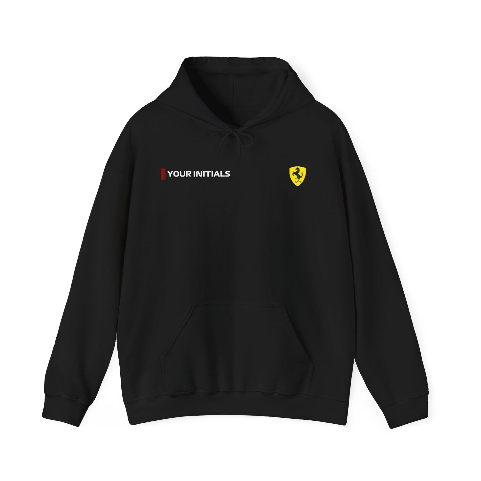 Rosso red racing-inspired hoodie with a motorsport aesthetic, custom initials, and heavyweight comfort. Perfect for Grand Prix fans and speed enthusiasts.