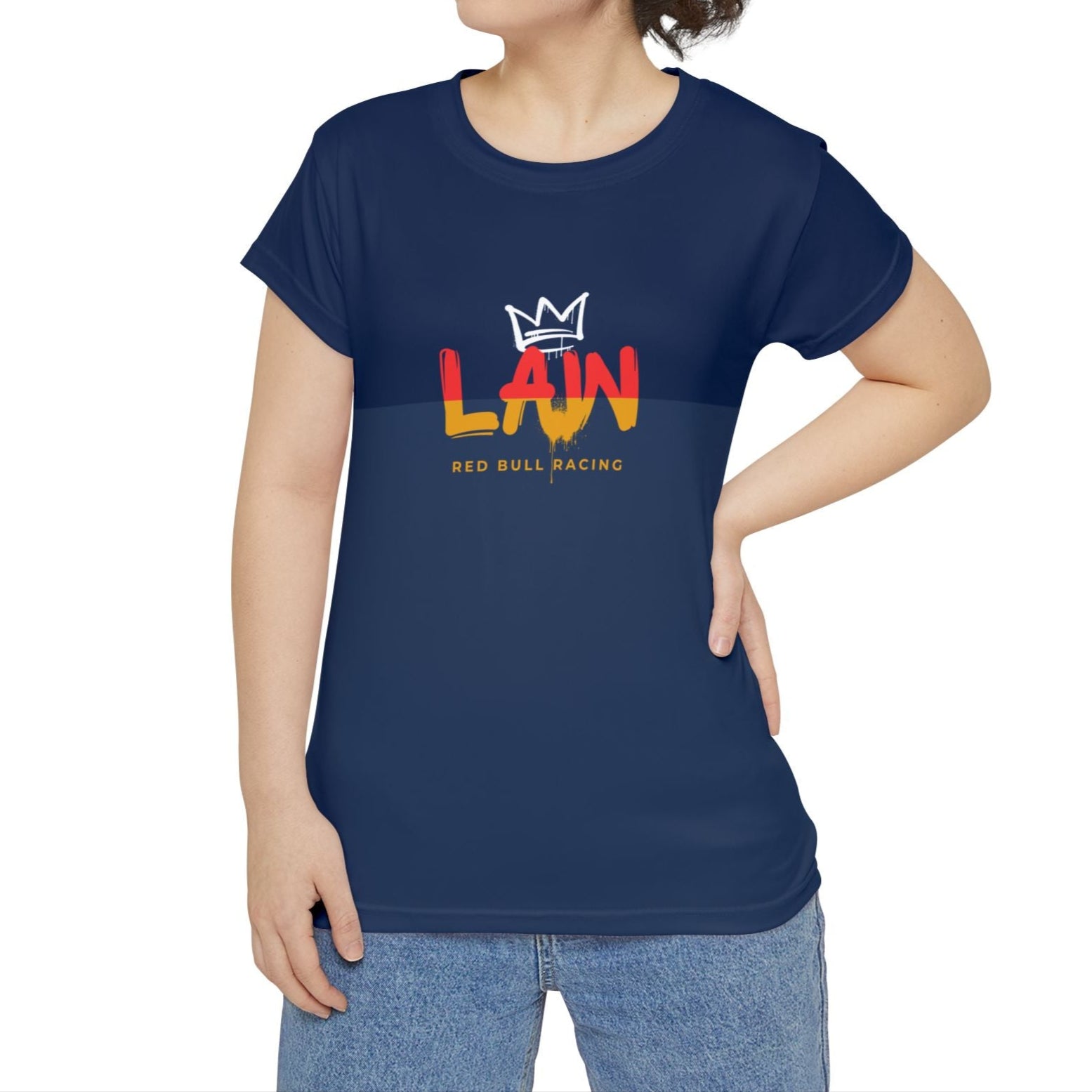 Red and navy racing-inspired women's shirt with a futuristic 2025 livery design. Perfect for motorsport fans and racing enthusiasts.