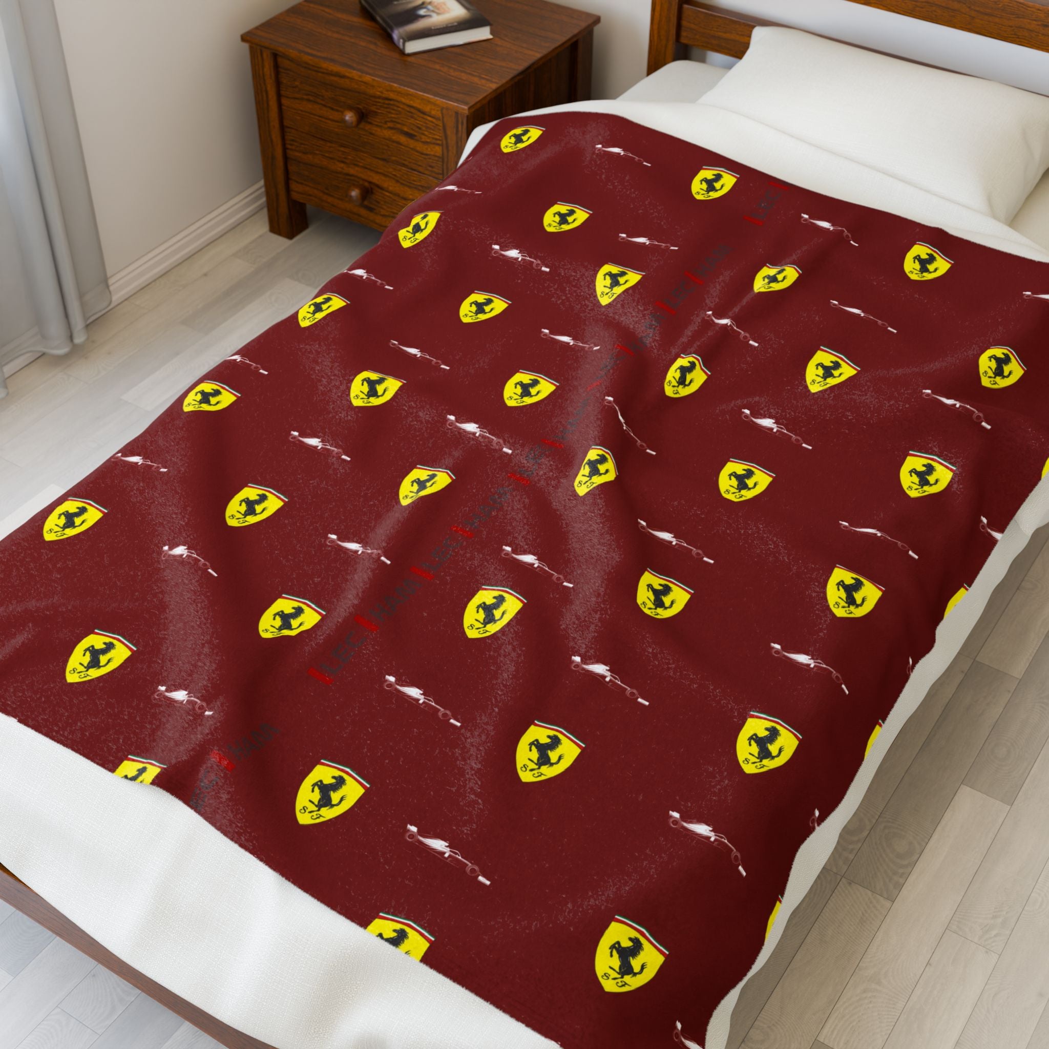 Red racing-inspired velveteen plush blanket with a sleek Grand Prix aesthetic. Ideal for motorsport fans and cozy home decor.