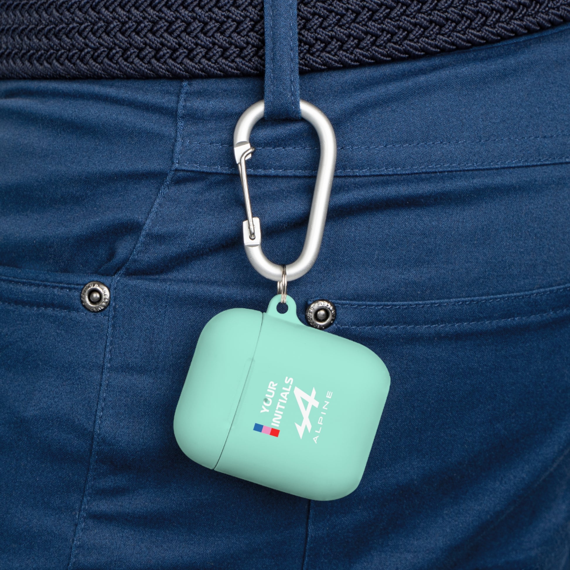 Blue and pink racing-inspired AirPods case with a sleek Grand Prix aesthetic and custom initials option. Ideal for motorsport fans.