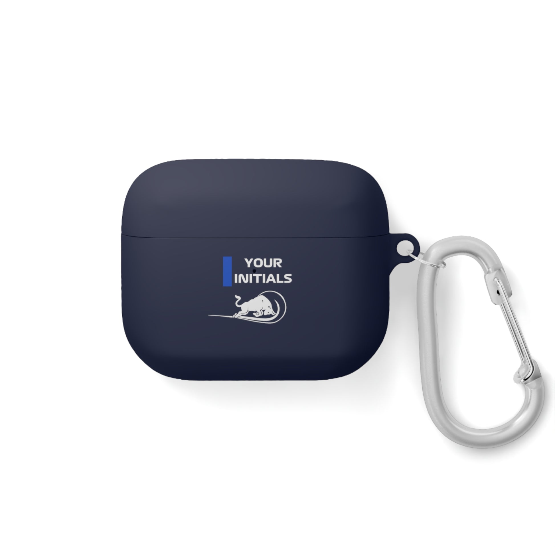 Blue and white racing-inspired AirPods case with a sleek Grand Prix aesthetic and custom initials option. Ideal for motorsport fans.