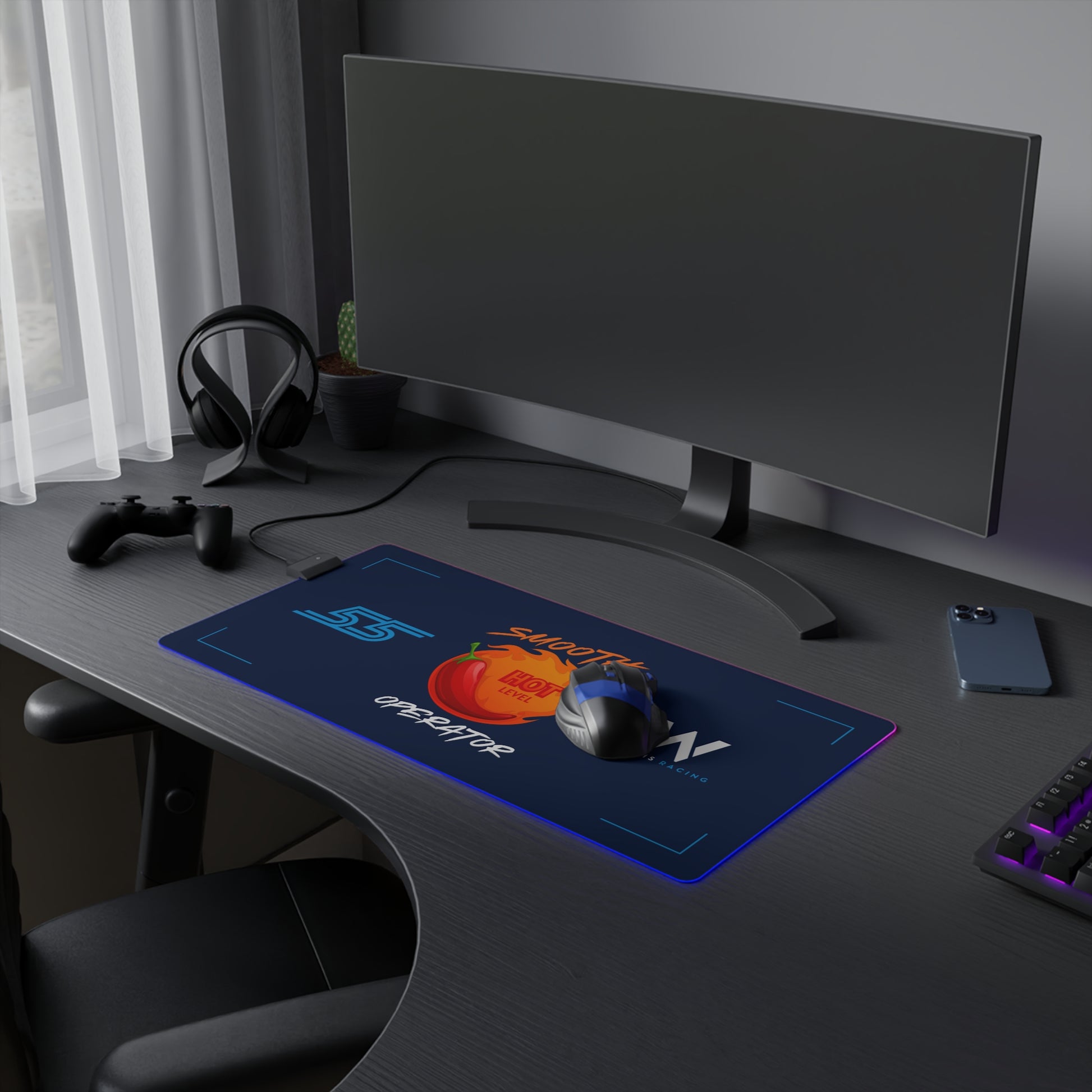 Red and white racing-inspired gaming mouse pad with smooth finish and bold motorsport design. Perfect for F1 fans and sim racers.