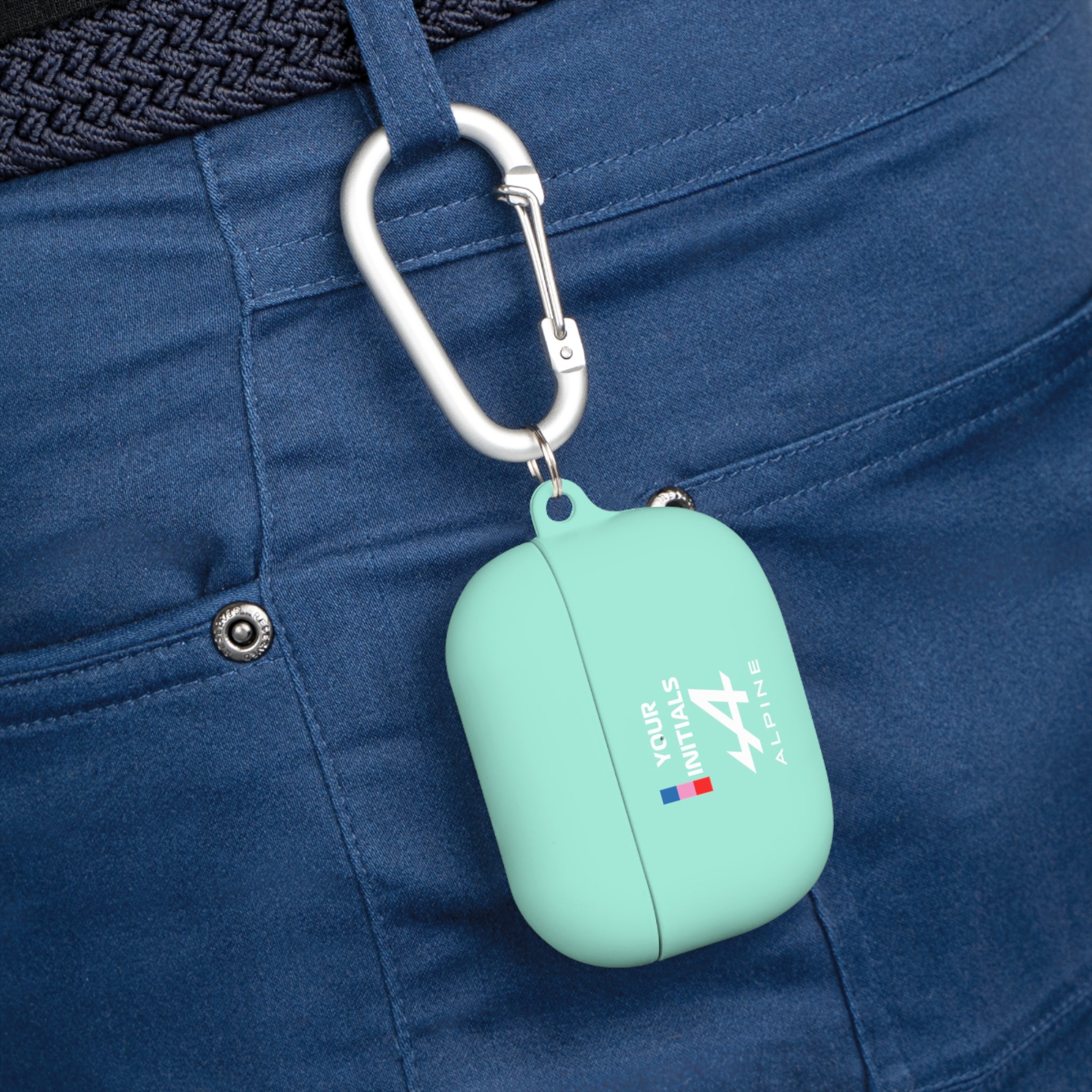 Blue and pink racing-inspired AirPods case with a sleek Grand Prix aesthetic and custom initials option. Ideal for motorsport fans.