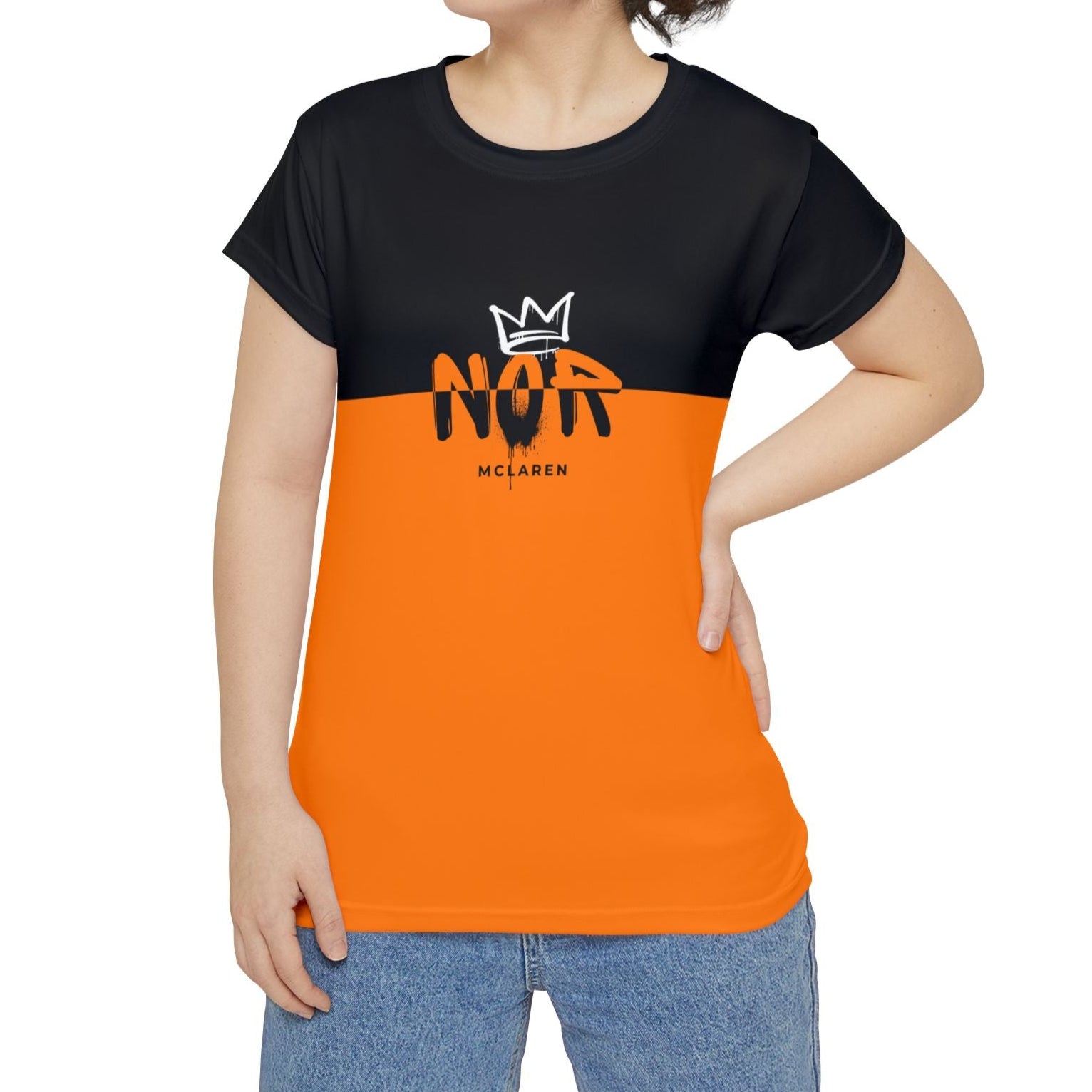 Papaya orange racing-inspired women's shirt with a futuristic 2025 livery design. Perfect for motorsport fans and racing enthusiasts.