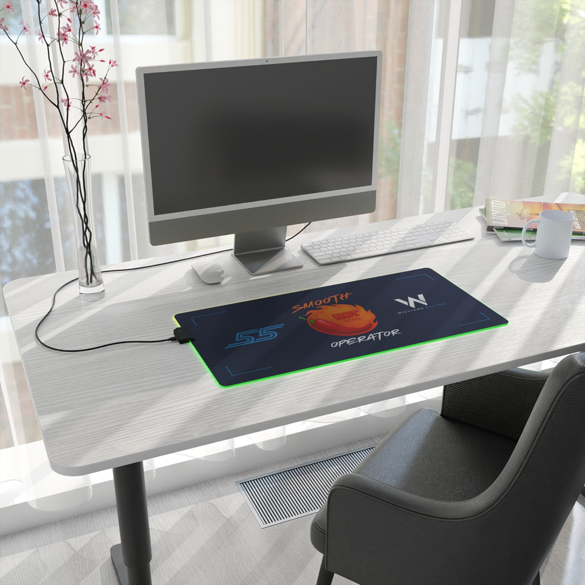 Red and white racing-inspired gaming mouse pad with smooth finish and bold motorsport design. Perfect for F1 fans and sim racers.
